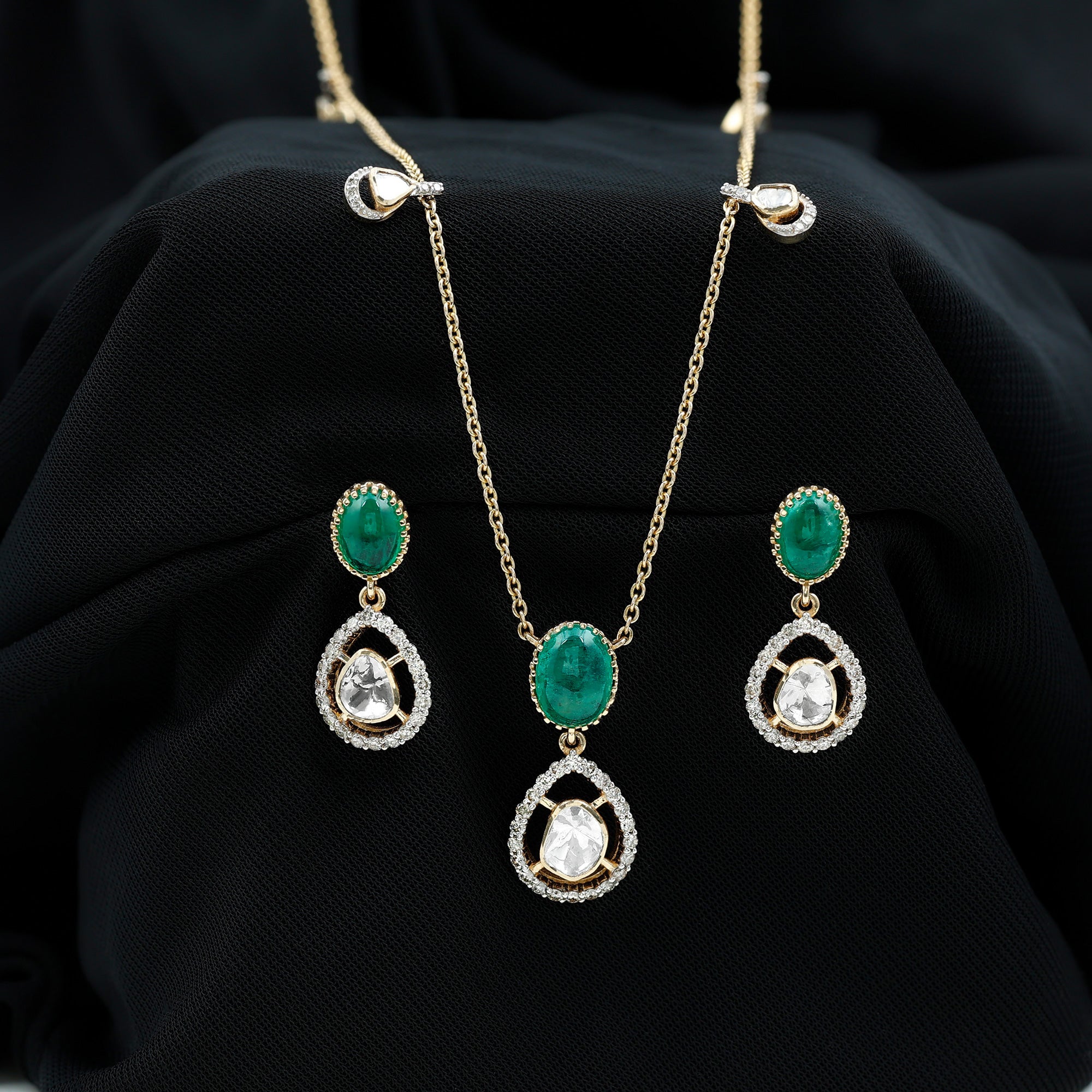 Oval Emerald and Polki Diamond Teardrop Necklace and Earrings - Rosec Jewels