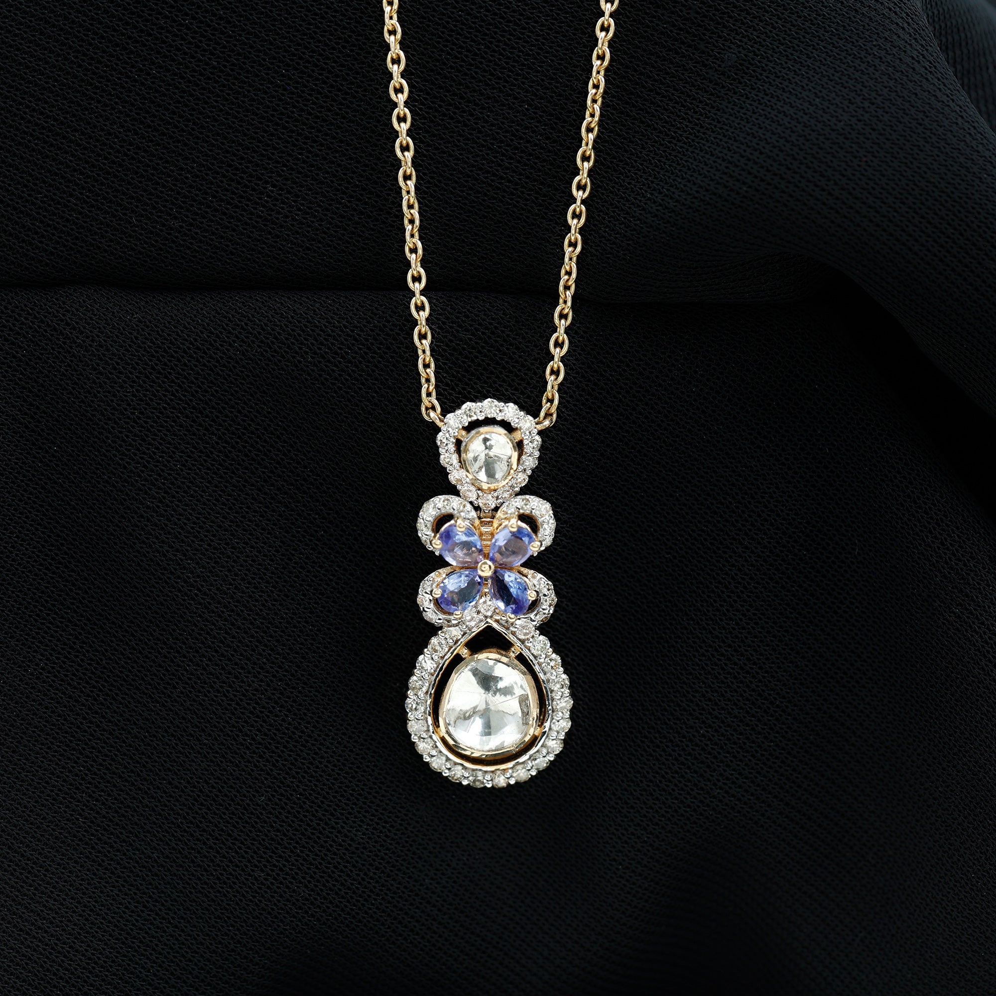 Pear Cut Tanzanite and Polki Diamond Flower Drop Pendant Necklace, 14K Yellow Gold - Rosec Jewels