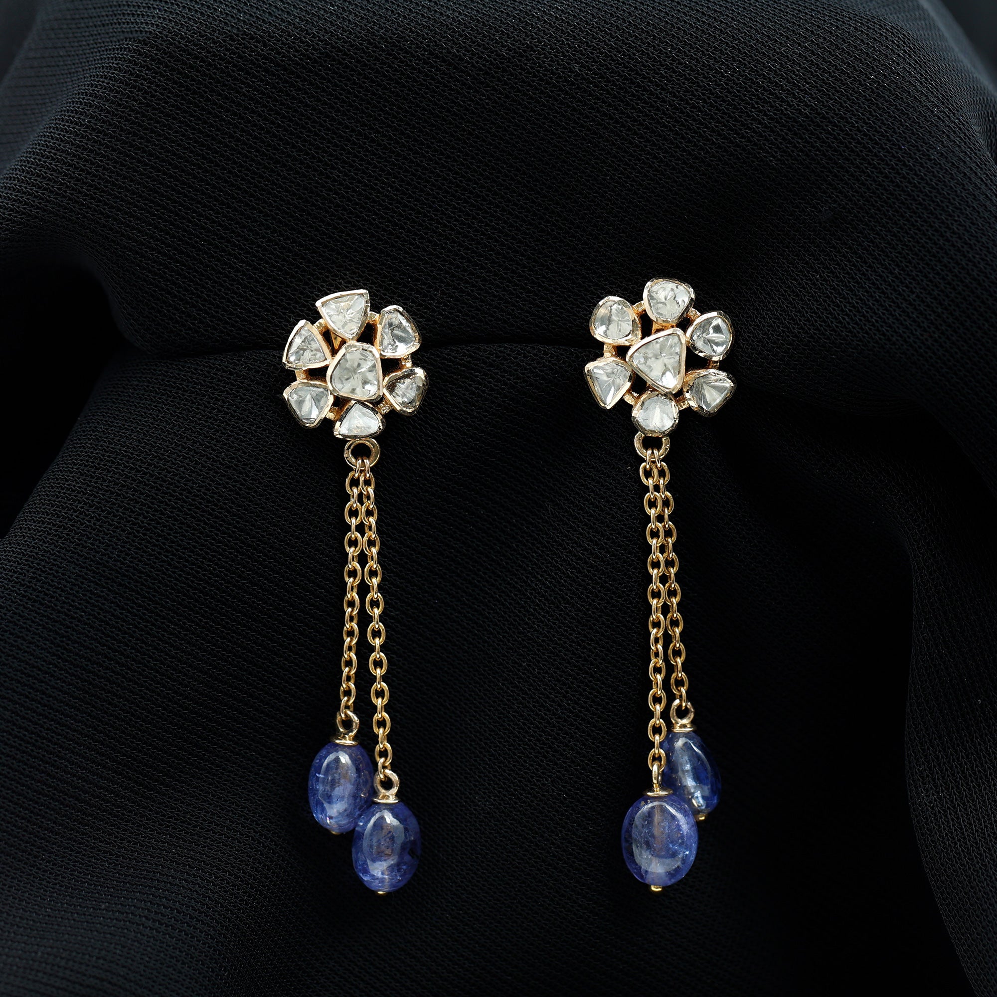 Floral Polki Diamond and Tanzanite Dangle Earrings - Rosec Jewels