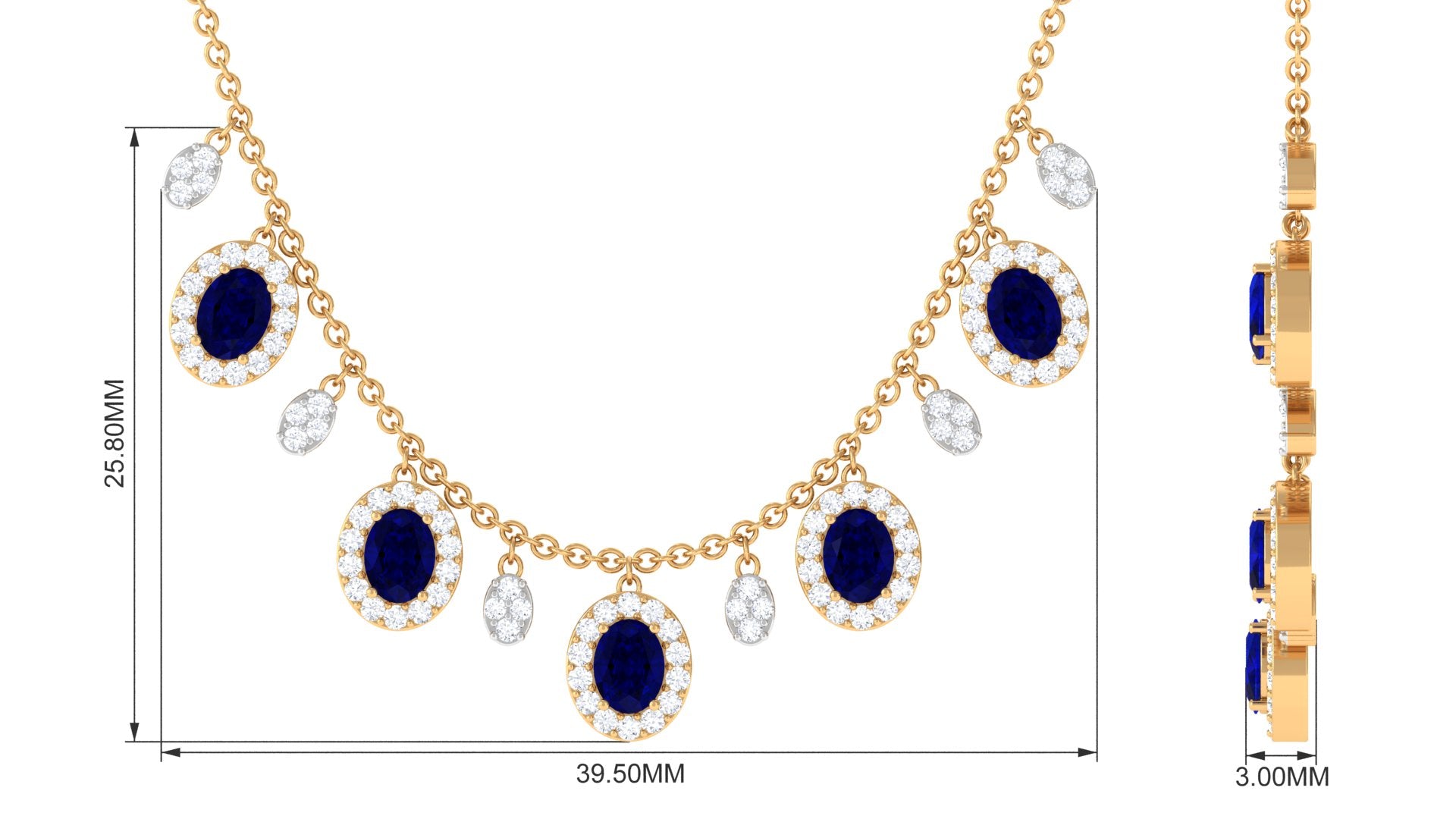 Rosec Jewels-Oval Cut Blue Sapphire and Diamond Bridal Station Chain Necklace