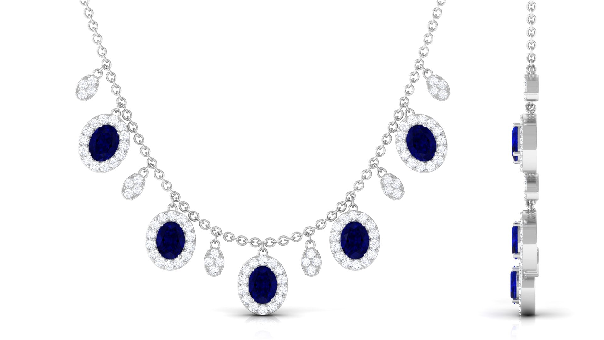 Rosec Jewels-Oval Cut Blue Sapphire and Diamond Bridal Station Chain Necklace