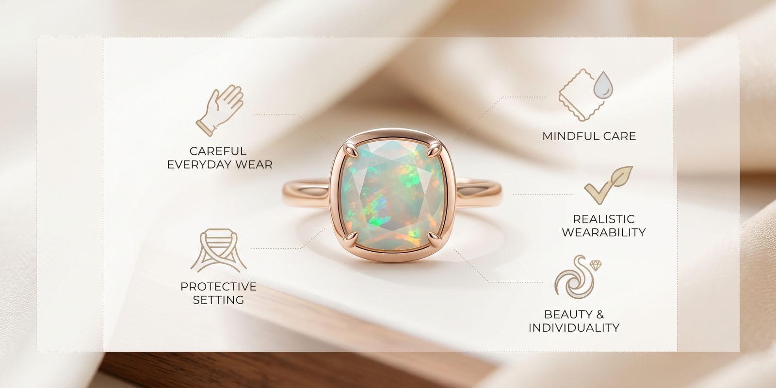 Infographic-style Ethiopian opal ring banner showing careful everyday wear, protective setting, mindful care, realistic wearability, and beauty with individuality.