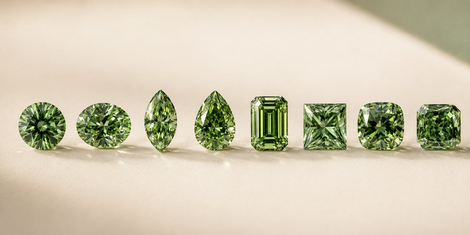 Eight loose green diamonds arranged on cream fabric in round, oval, marquise, pear, emerald, princess, cushion, and radiant shapes.