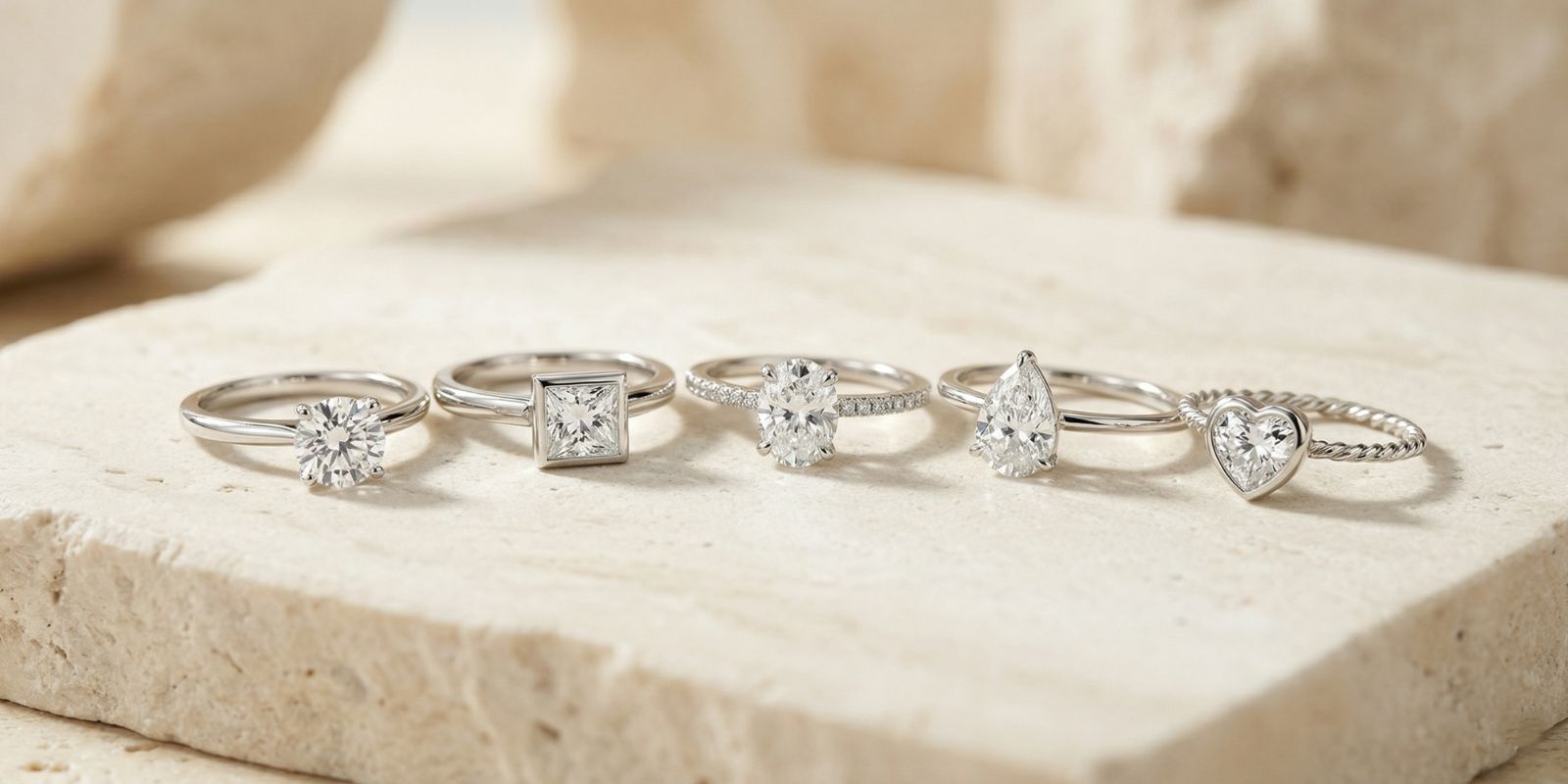 Five lab-grown diamond promise rings with round, princess, oval, pear, and heart-shaped stones displayed in a row on a light beige stone slab.