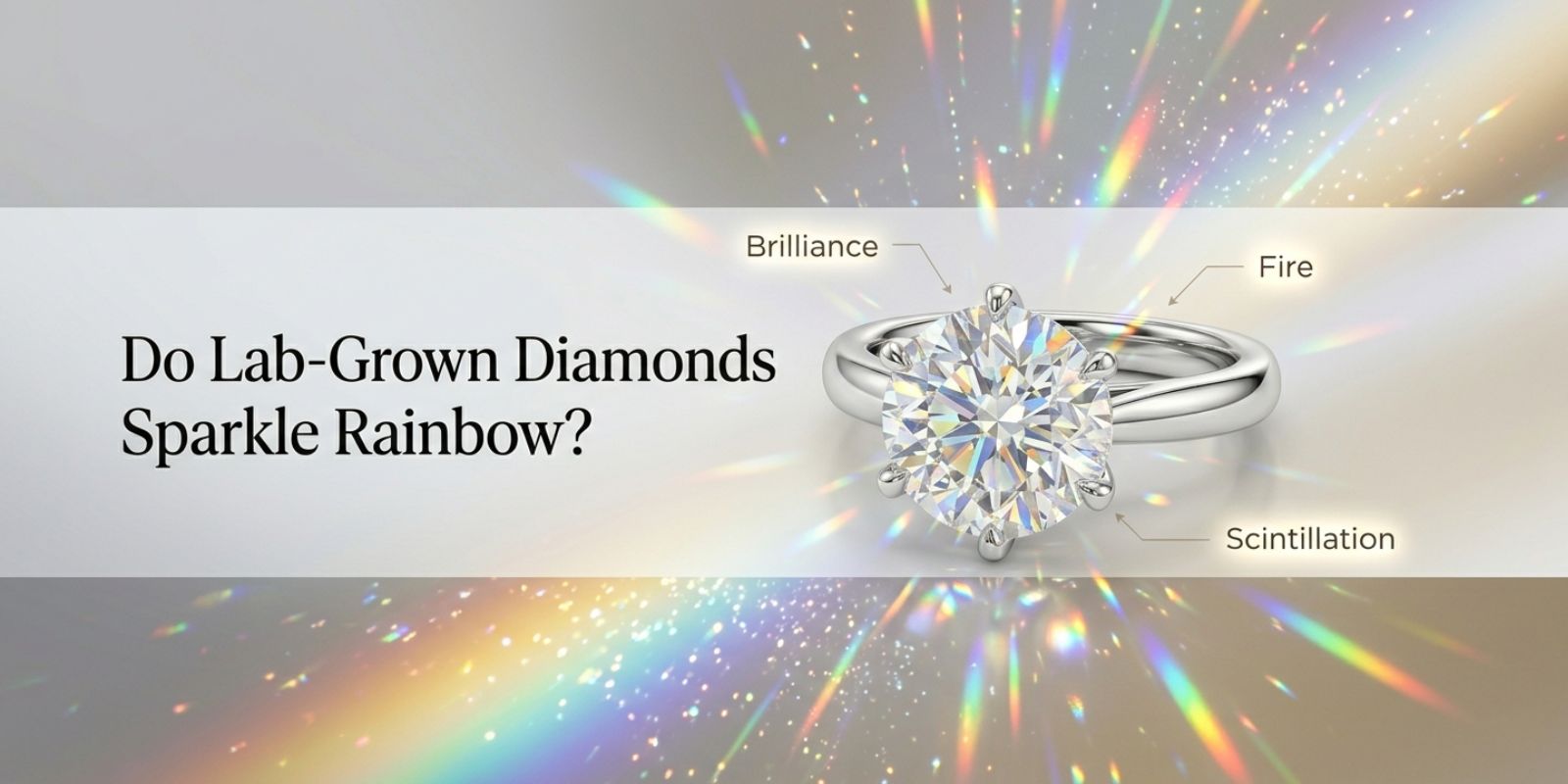 Lab-grown diamond ring showing rainbow sparkle, brilliance, fire, and scintillation in a luxury hero banner