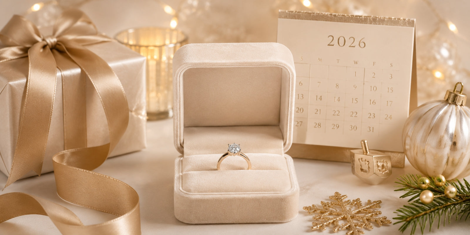 Diamond ring centered in an open cream jewelry box with a 2026 calendar, champagne ribbon, wrapped gift, gold ornament, and subtle holiday decorations.