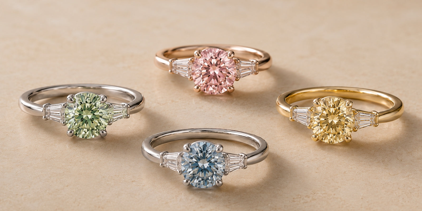 Four engagement rings feature round green, pink, blue and yellow diamonds in white, rose and yellow-gold settings on warm stone.