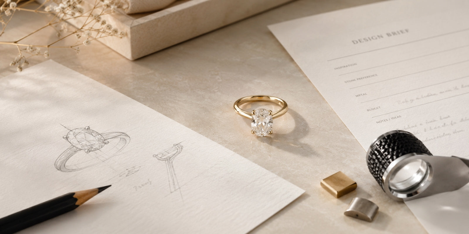 Luxury jewelry consultation desk with an oval yellow gold engagement ring, hand-drawn ring sketch, design brief, pencil, metal samples, and jeweler’s loupe.