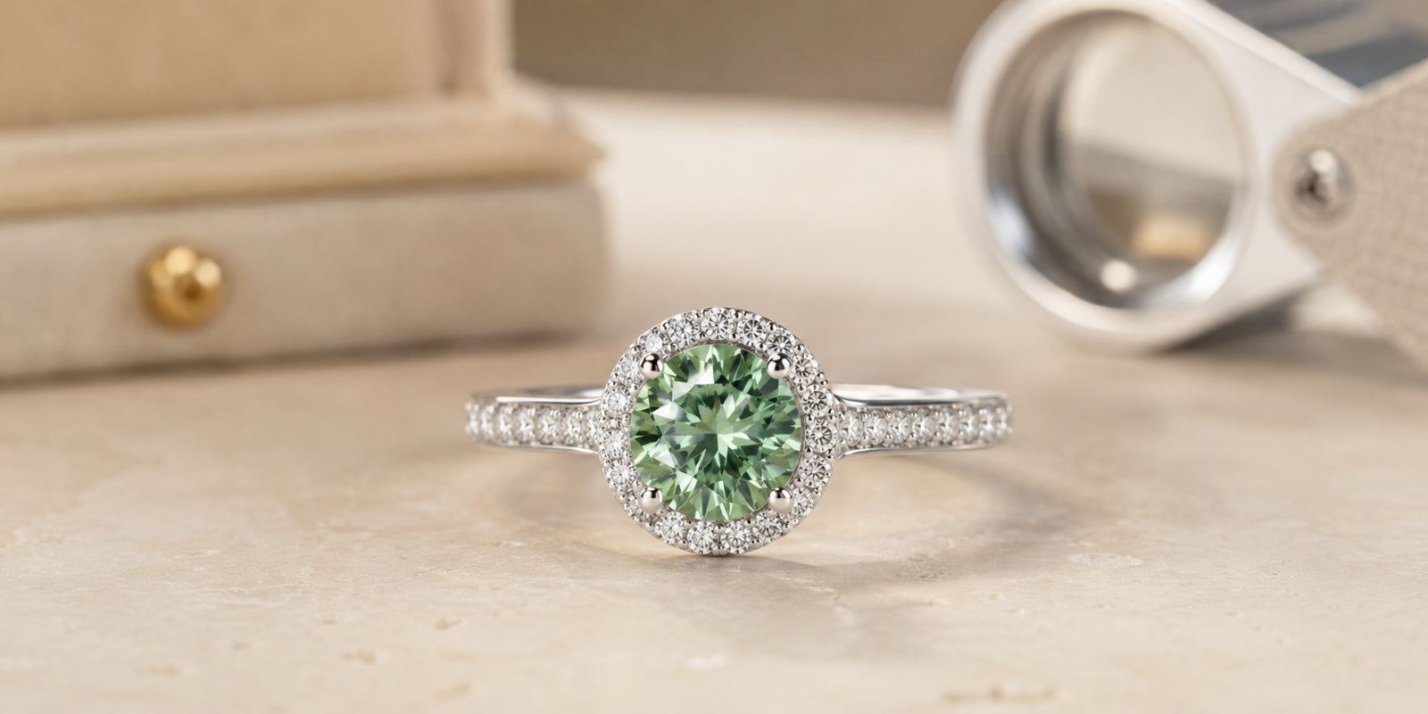 Close-up of a round lab-grown green diamond halo engagement ring with a pavé white-metal band beside a jeweler’s loupe.