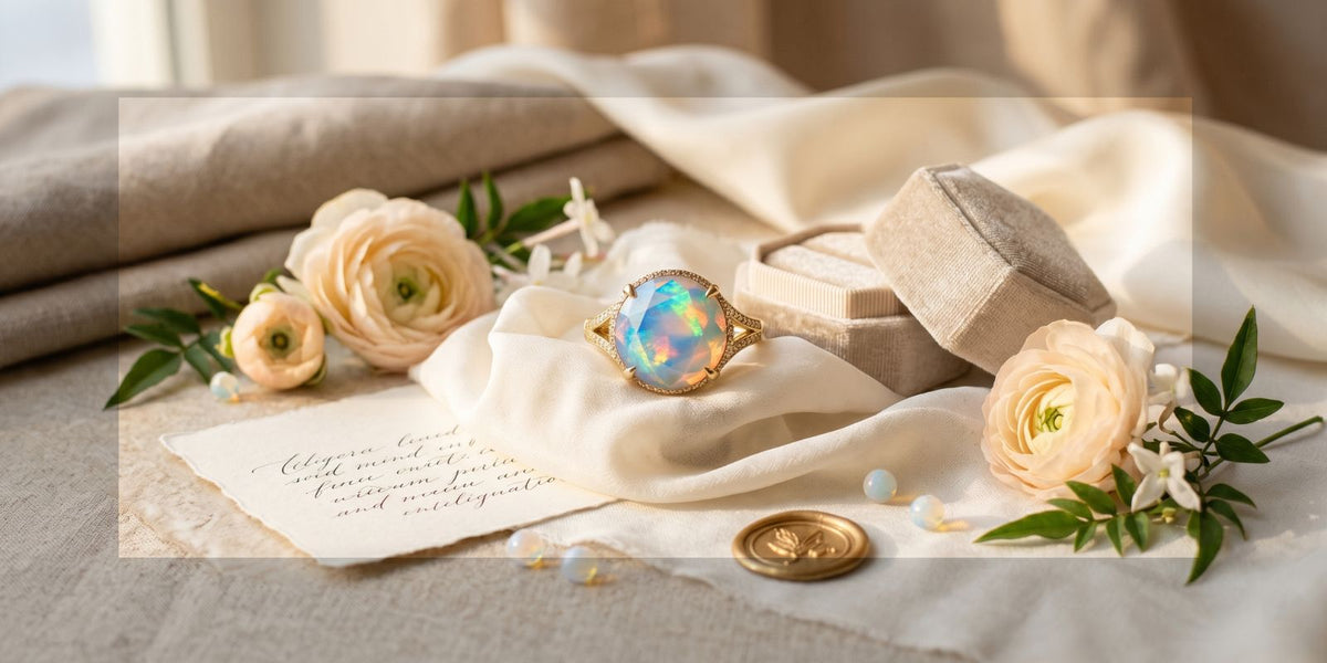 Luxury faceted opal ring on ivory silk with flowers and ring box, representing October birthstone symbolism and meaningful jewelry gifting