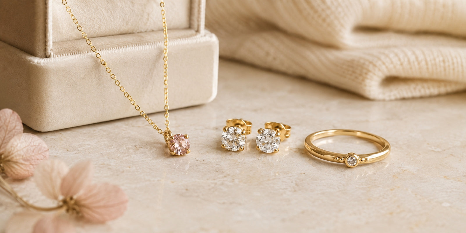 Birthstone pendant, diamond stud earrings, and a low-profile gold ring displayed beside a jewelry box and folded cream blanket.