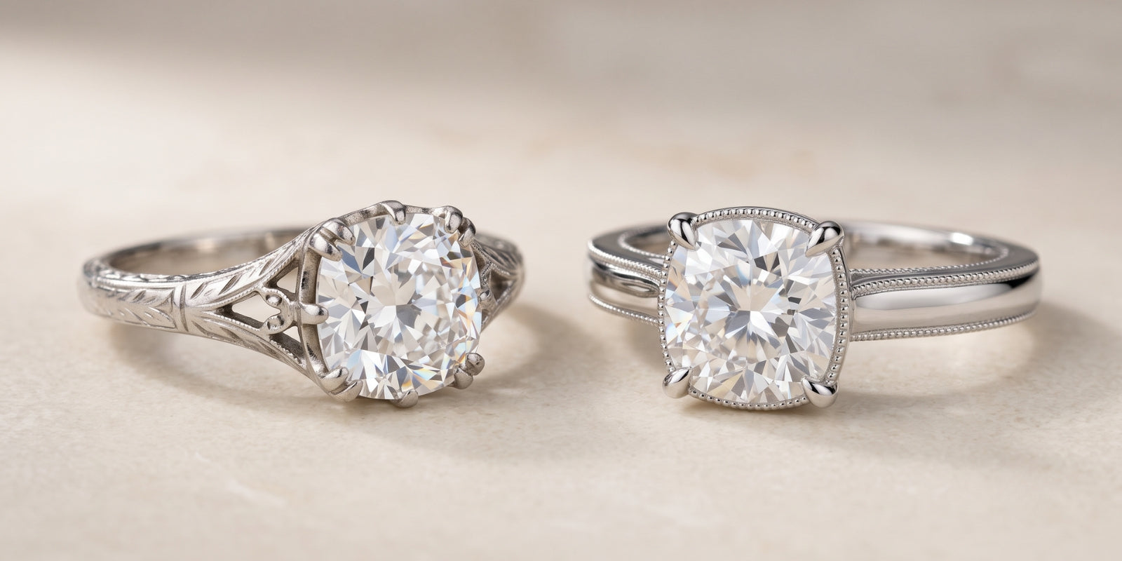 Two cushion-cut moissanite engagement rings sit side by side, contrasting a softly worn antique-style setting with a crisp newly made vintage-inspired design.