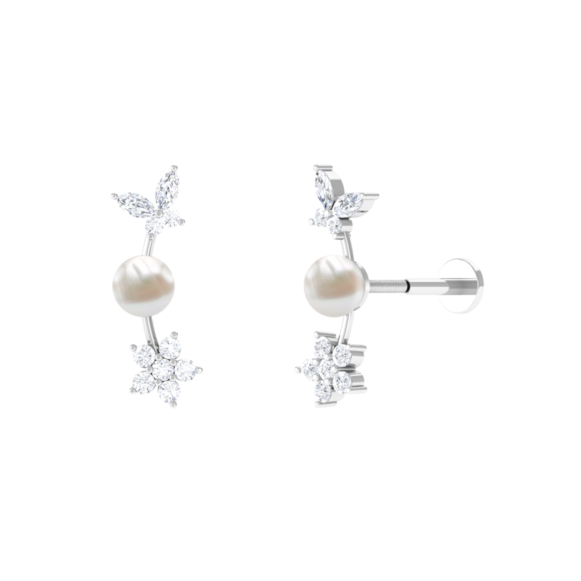 Nature Inspired Freshwater Pearl and Moissanite Crawler Earring Freshwater Pearl - ( AAA ) - Quality - Rosec Jewels