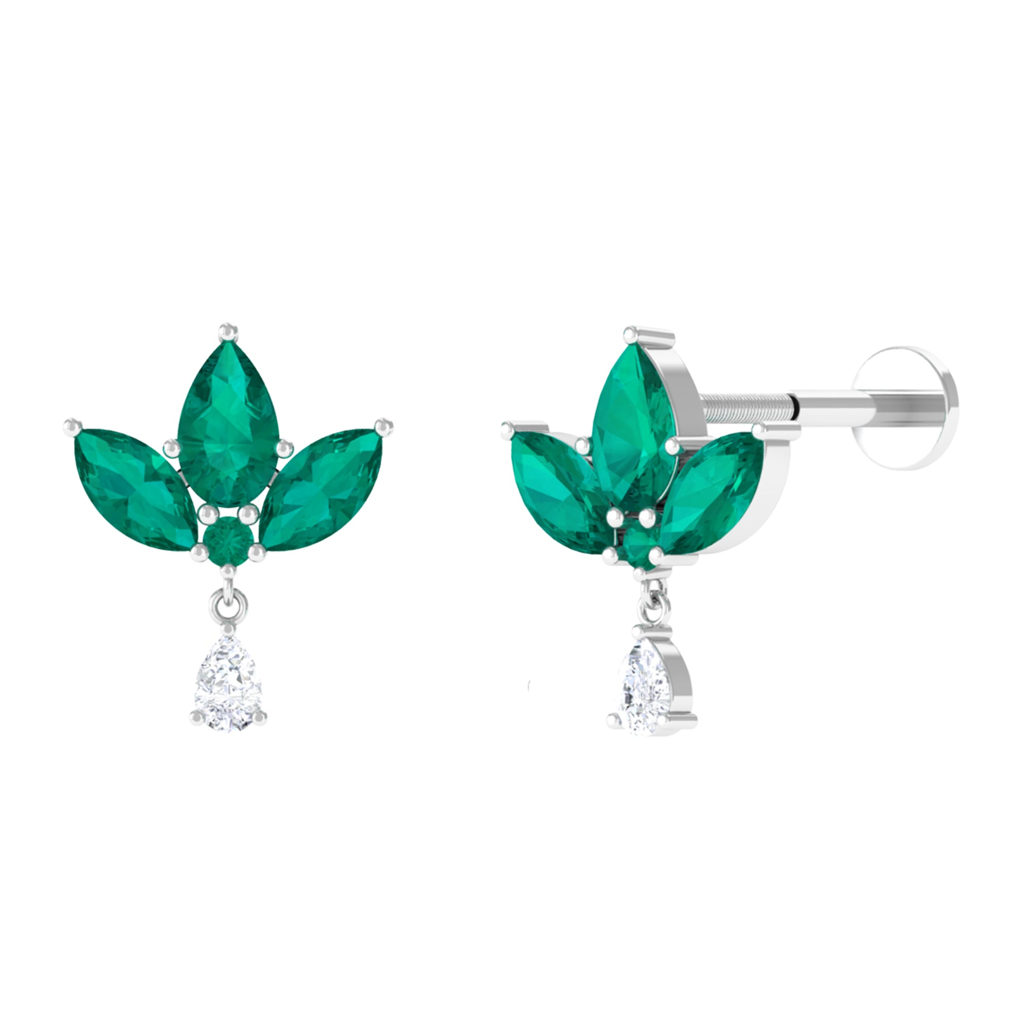 Marquise Created Emerald Flower Earring with Teardrop Moissanite Lab Created Emerald - ( AAAA ) - Quality - Rosec Jewels