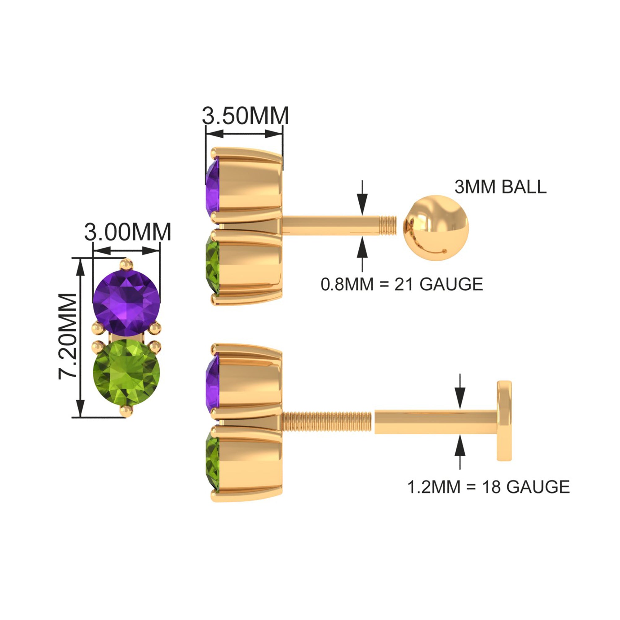 Real Amethyst and Peridot Two Stone Helix Earring AAA - Rosec Jewels