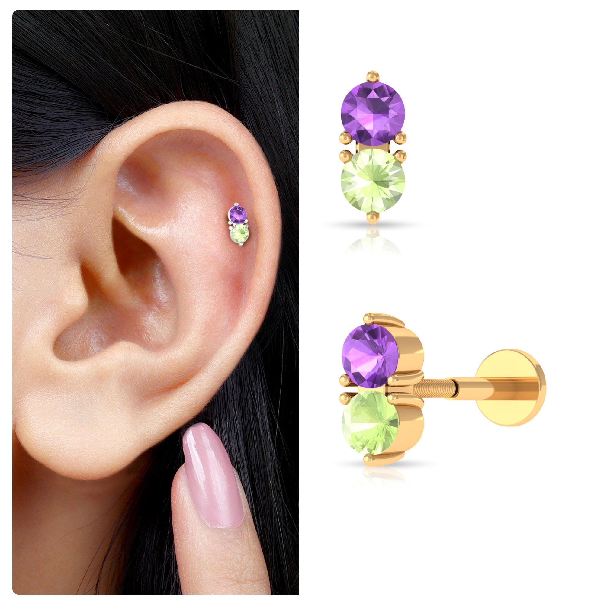 Real Amethyst and Peridot Two Stone Helix Earring AAA - Rosec Jewels