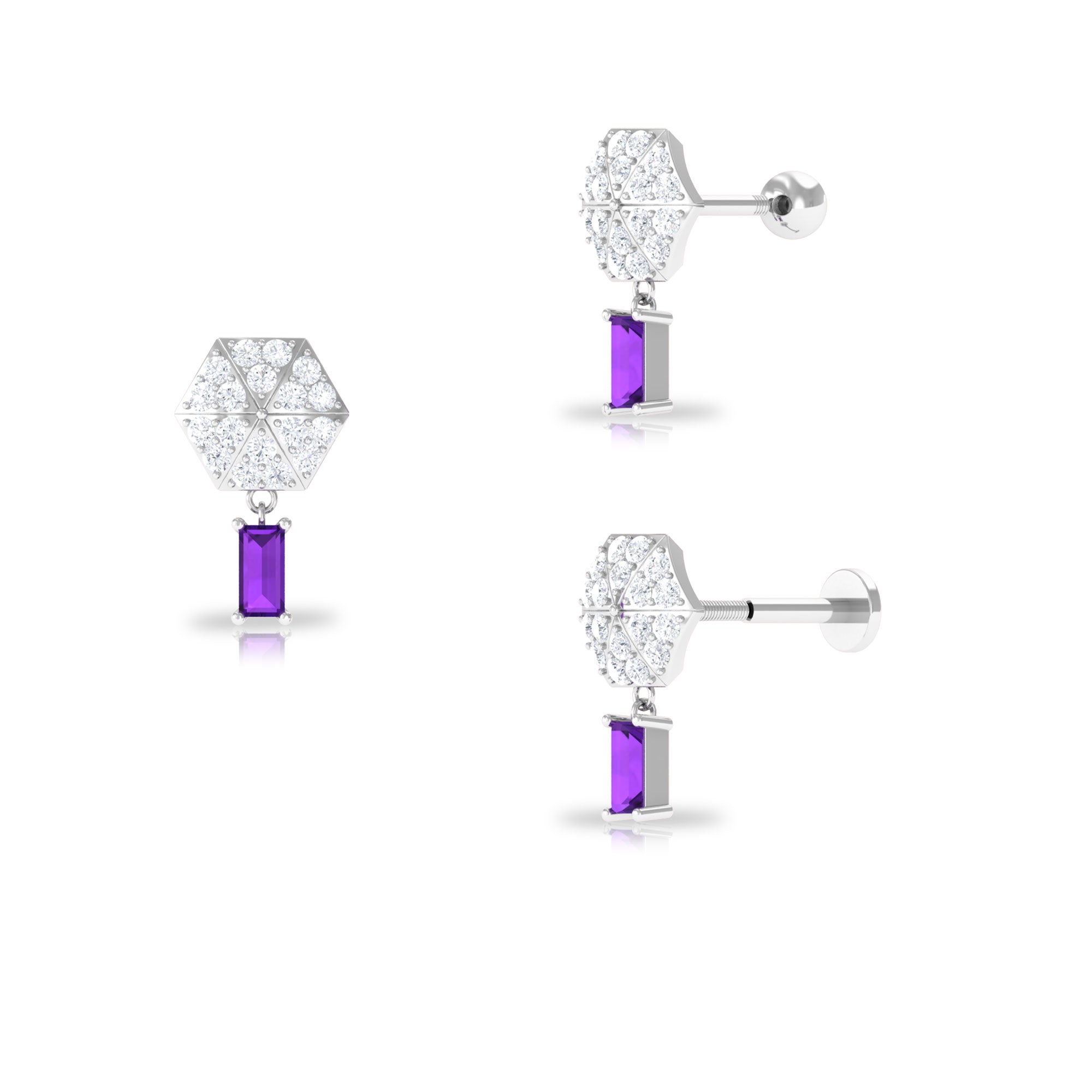 Natural Amethyst and Moissanite Dangly Earring for Cartilage Piercing Amethyst - ( AAA ) - Quality - Rosec Jewels