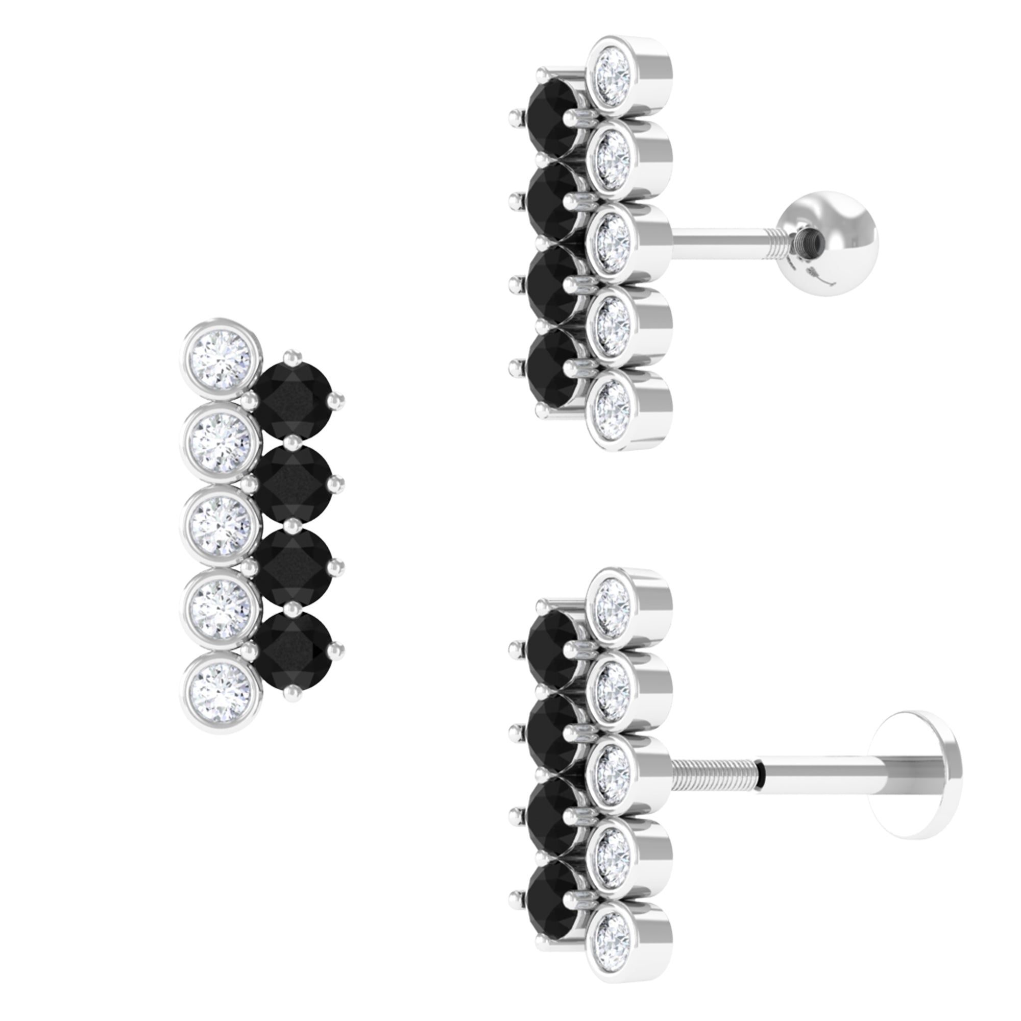 Minimal Black Onyx Bar Cartilage Earring with Moissanite Black Onyx - ( AAA ) - Quality - Rosec Jewels