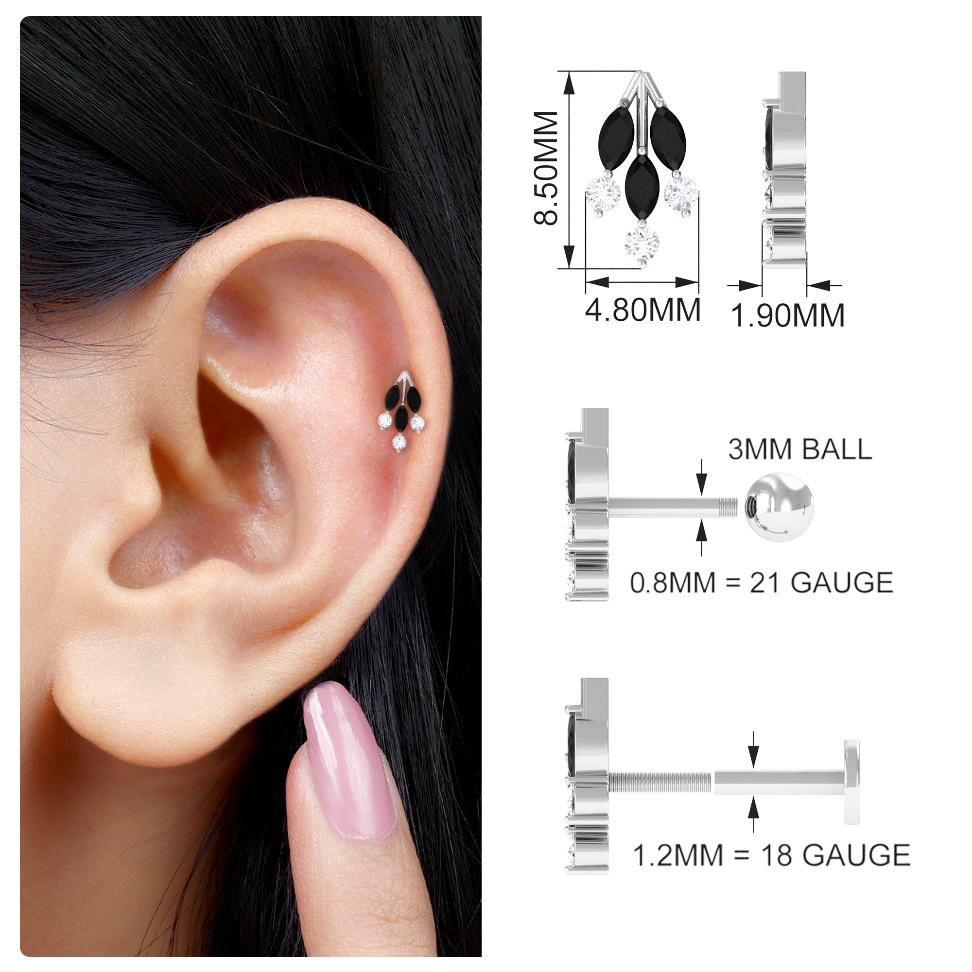 Marquise Black Onyx Leaf Cartilage Earring with Certificate AAA - Rosec Jewels