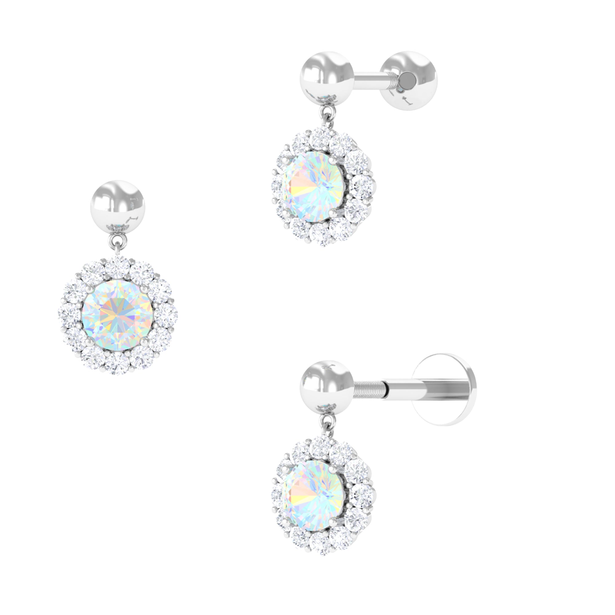 Ethiopian Opal Halo Drop Cartilage Earring with Moissanite Ethiopian Opal - ( AAA ) - Quality - Rosec Jewels