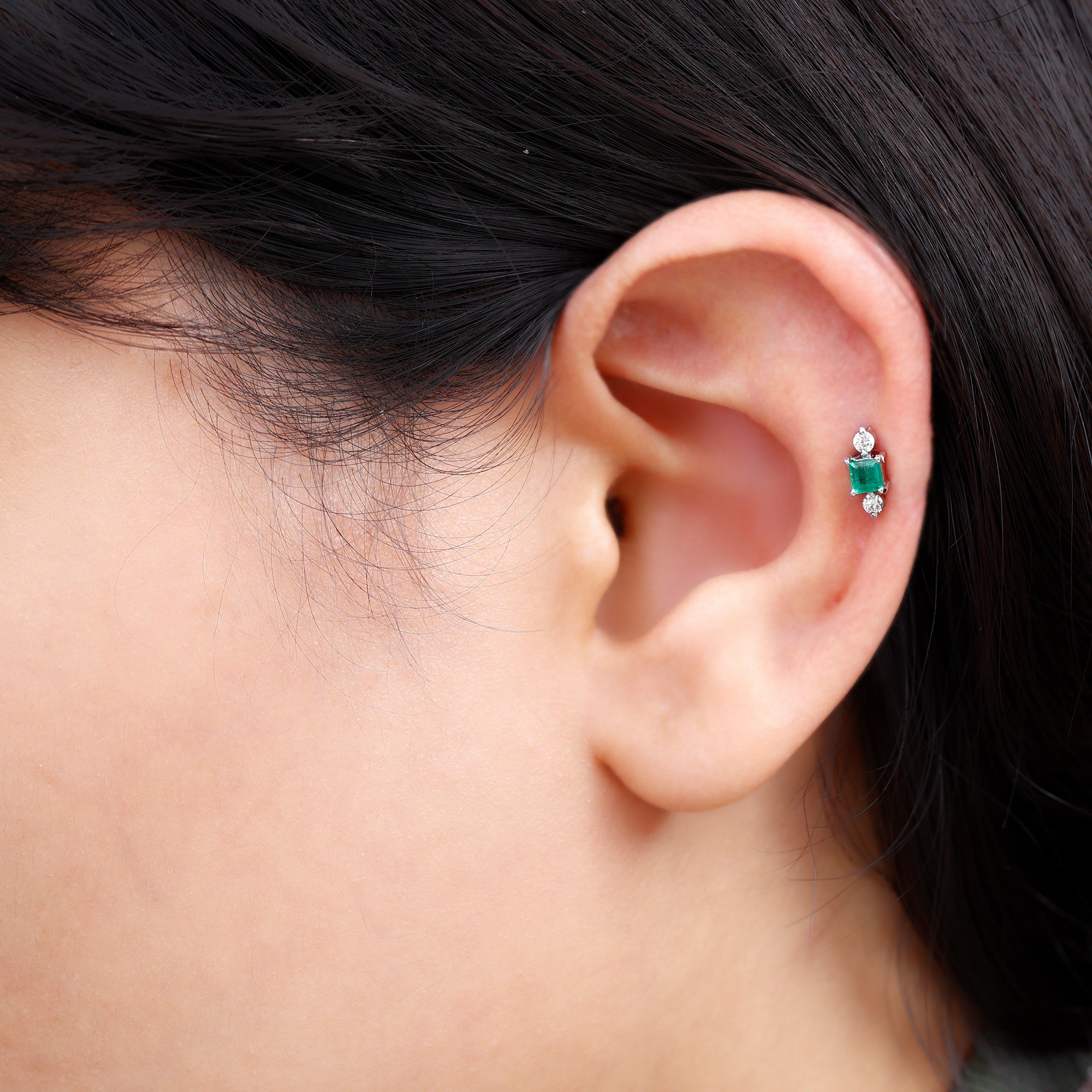 Natural Emerald and Lab Grown Diamond Helix Earring AAA - Rosec Jewels