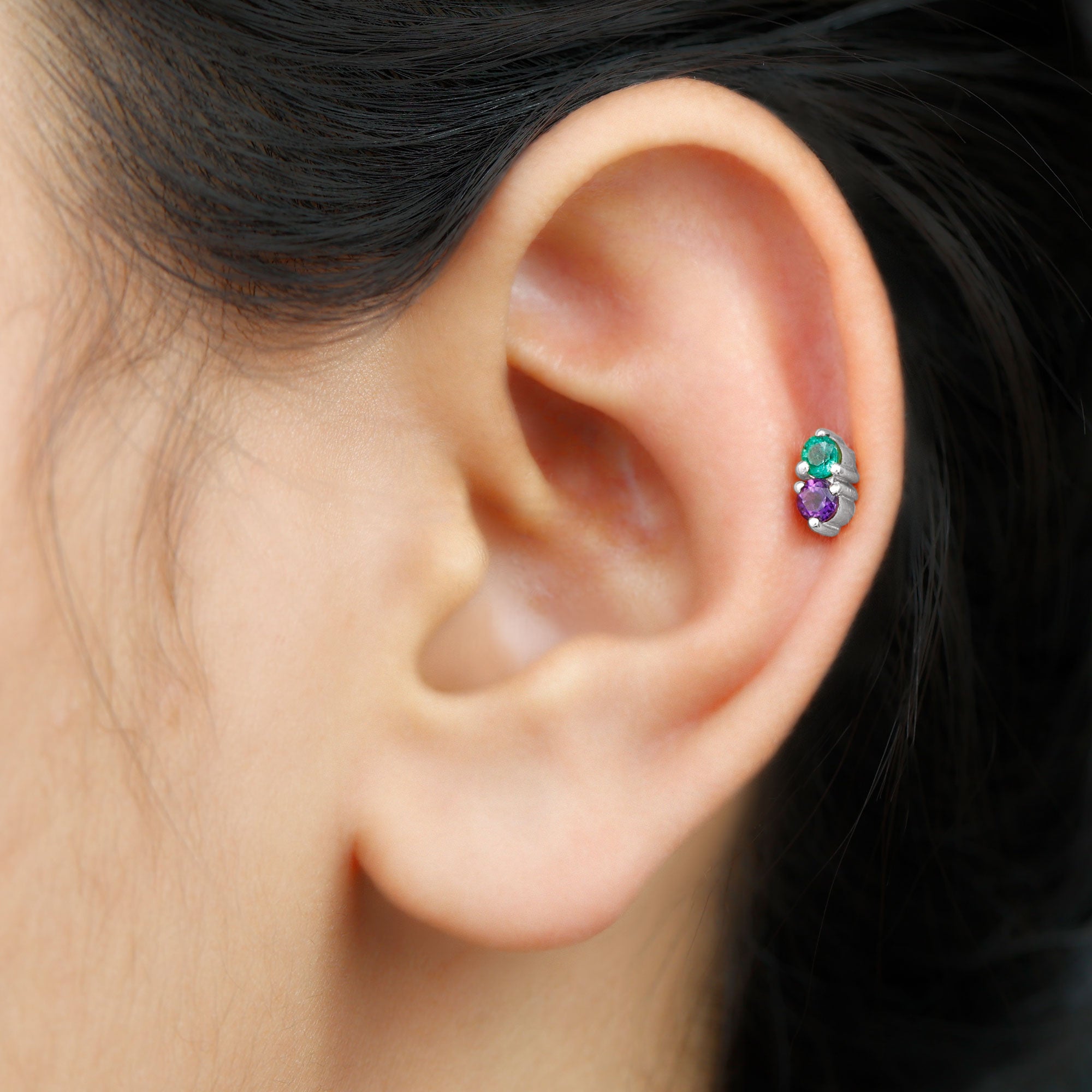 Real Amethyst and Emerald Earring for Helix Piercing AAA - Rosec Jewels