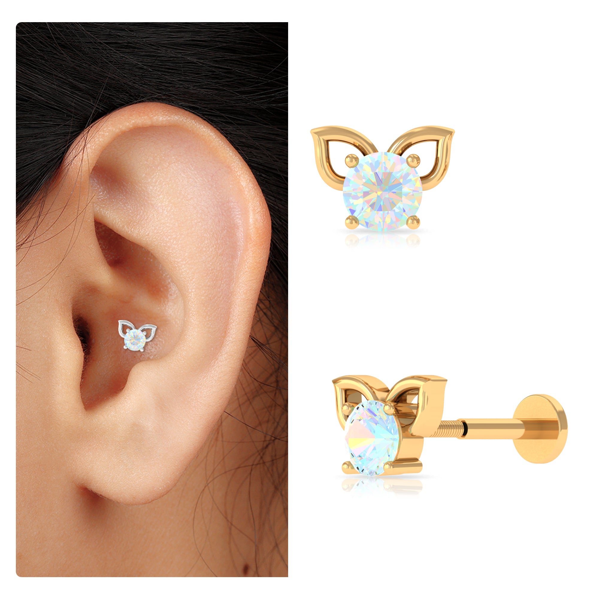 Round Ethiopian Opal Cute Cat Cartilage Earring AAA - Rosec Jewels