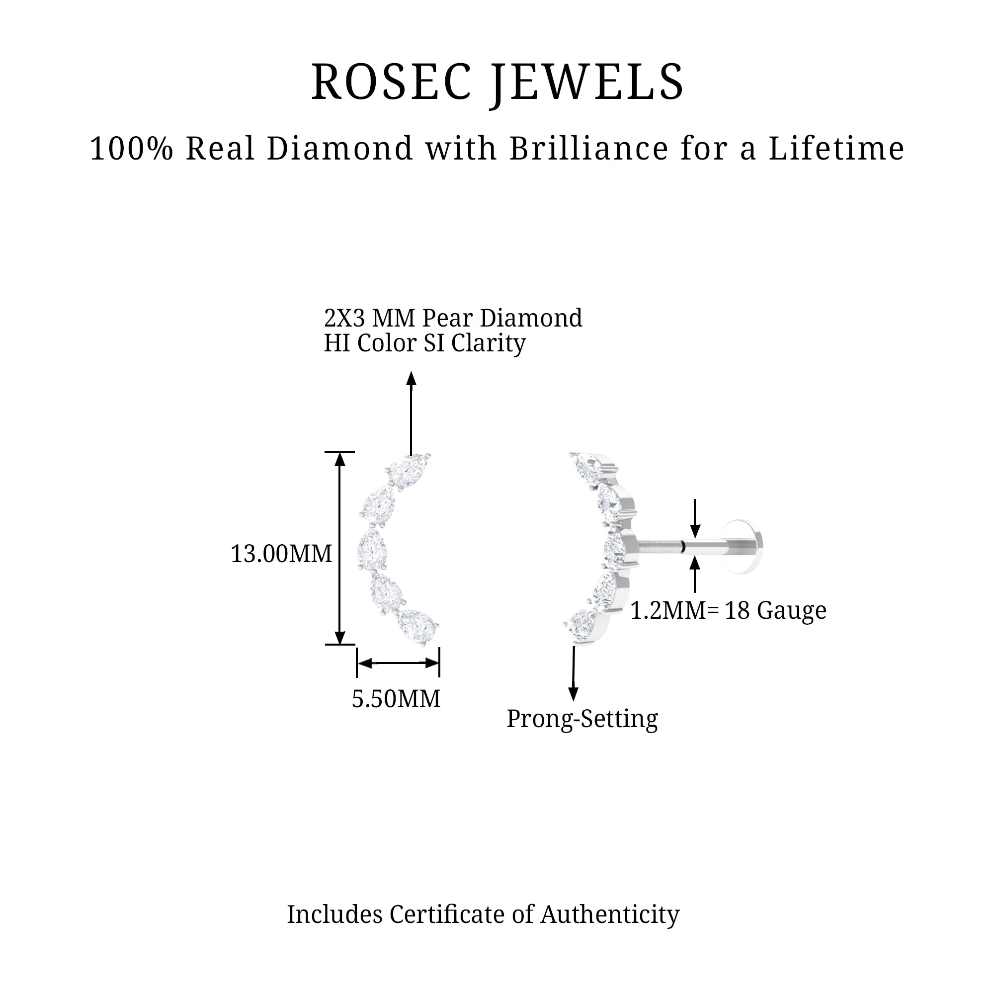 Pear Shape Diamond Crawler Earring for Cartilage Piercing Natural - ( HI-SI ) - Rosec Jewels