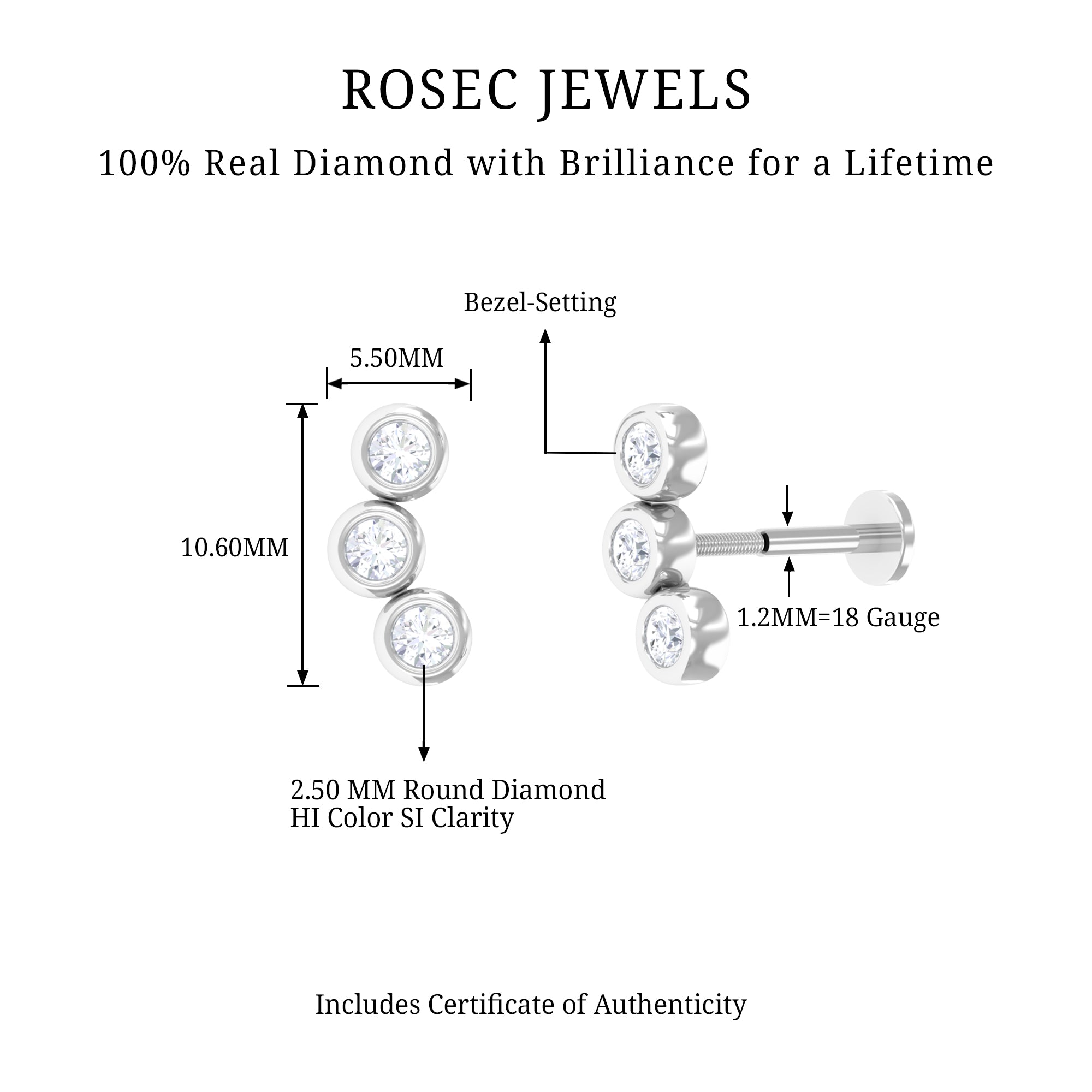 Three Diamond Curved Helix Earring in Bezel Setting Natural - ( HI-SI ) - Rosec Jewels