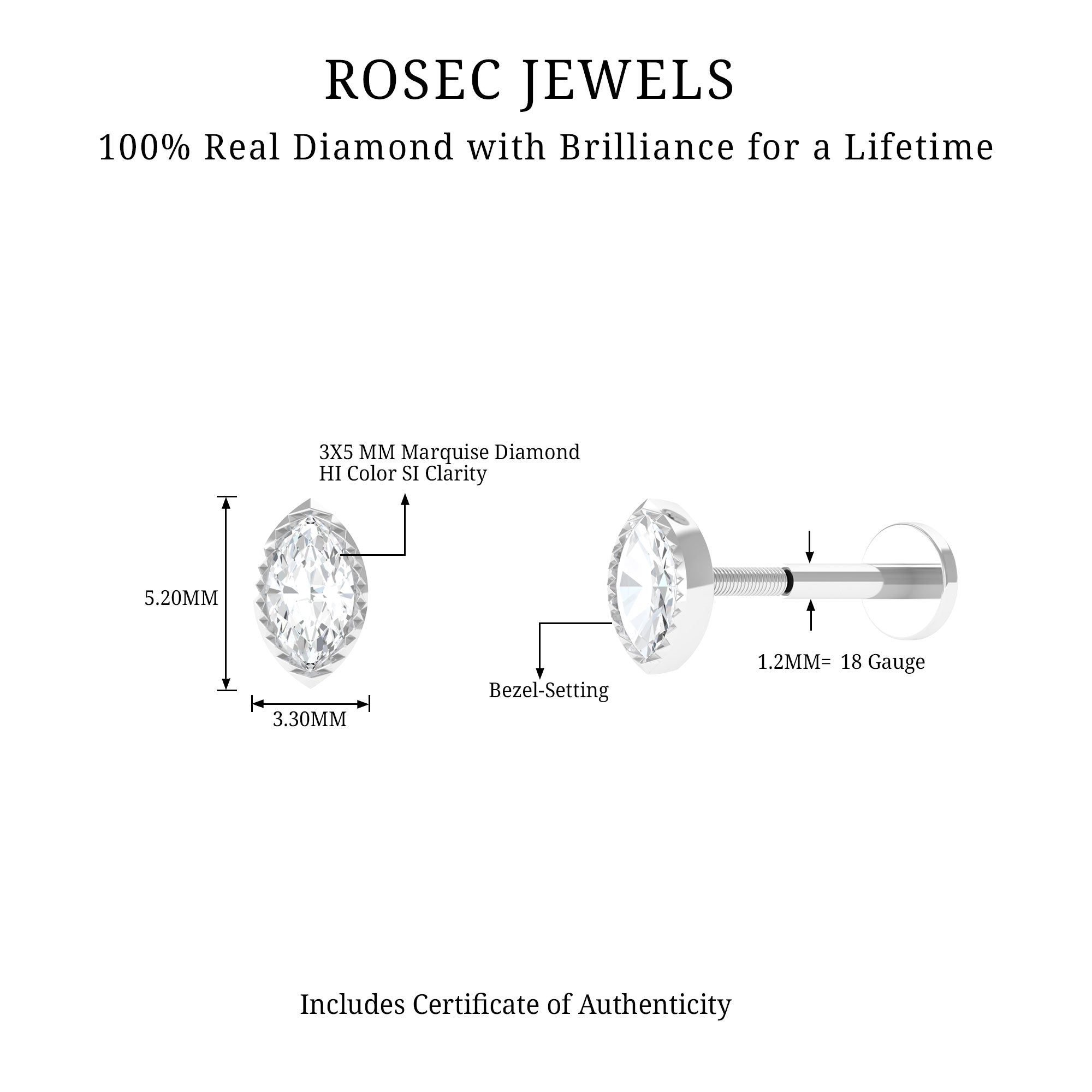 Marquise Diamond Solitaire Earring for Tragus Piercing Natural - ( HI-SI ) - Rosec Jewels