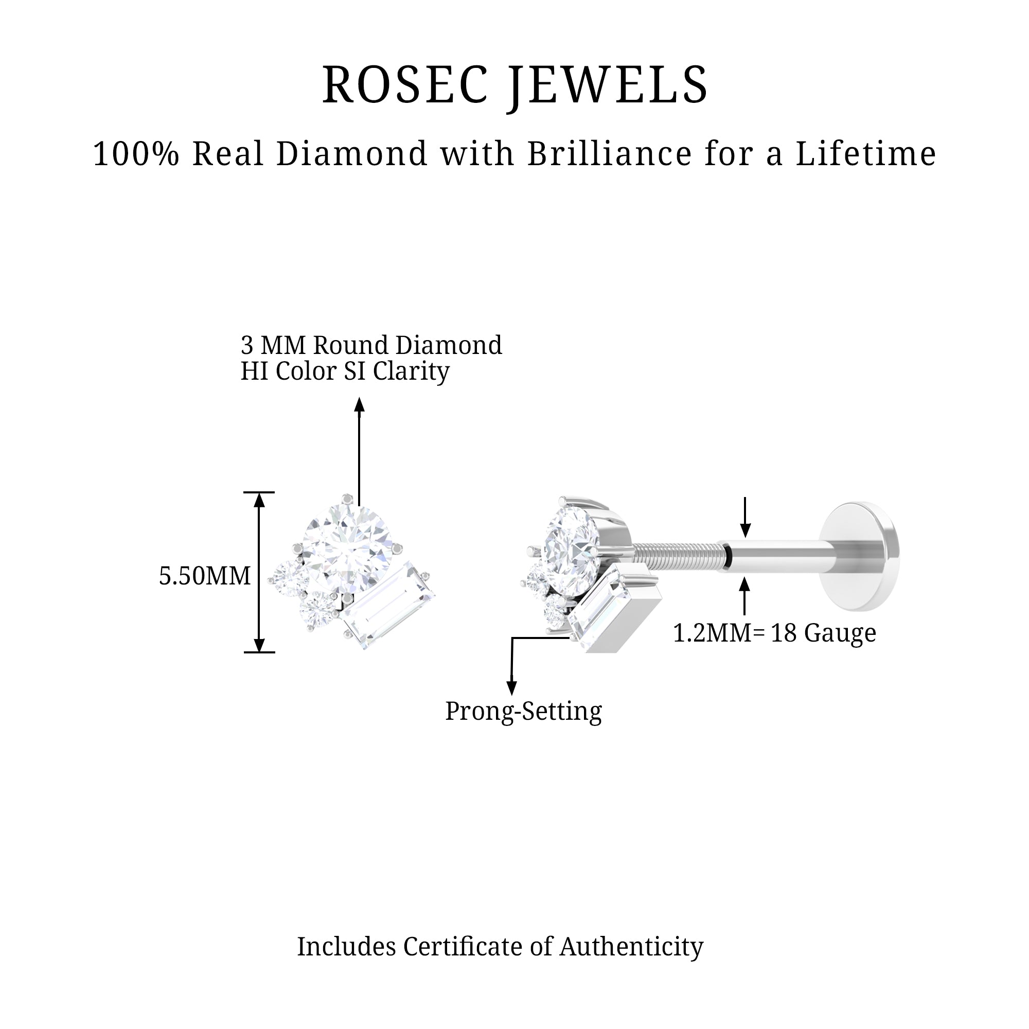 Unique Diamond Cluster Earring for Conch Piercing Natural - ( HI-SI ) - Rosec Jewels