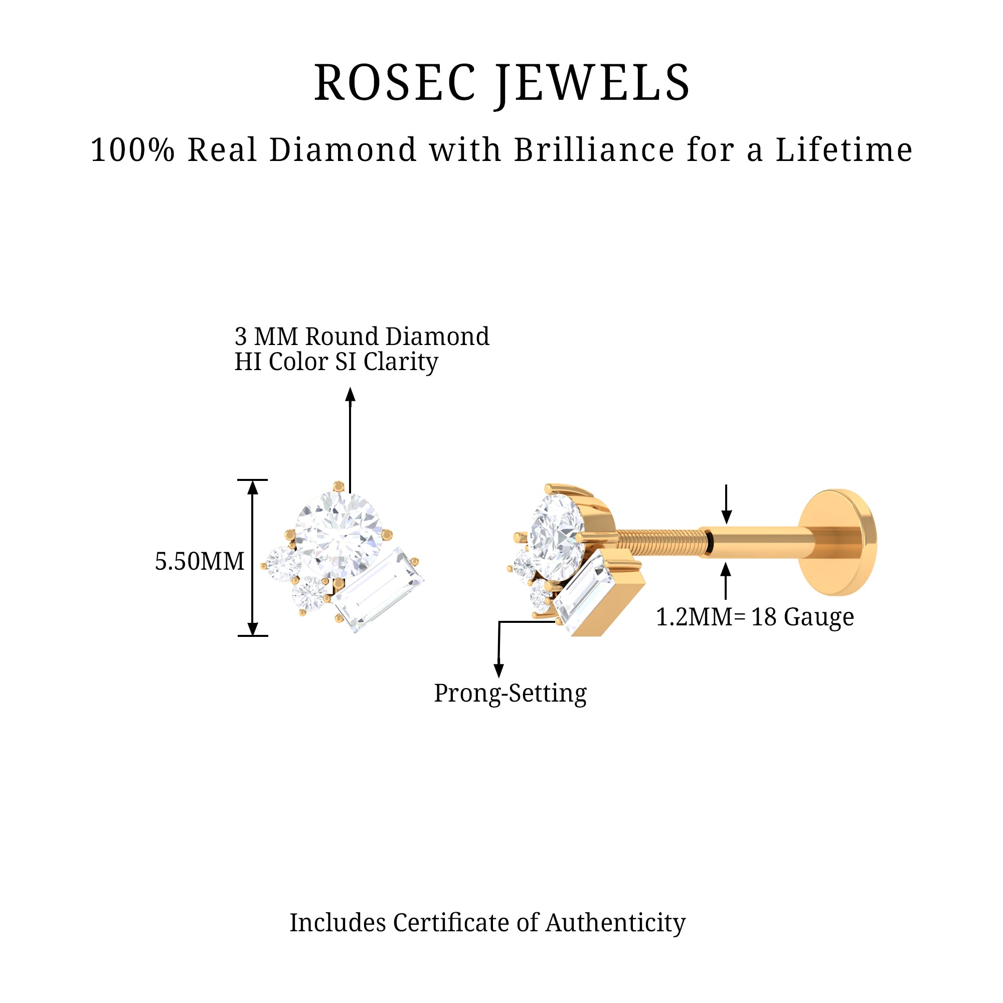Unique Diamond Cluster Earring for Conch Piercing Natural - ( HI-SI ) - Rosec Jewels