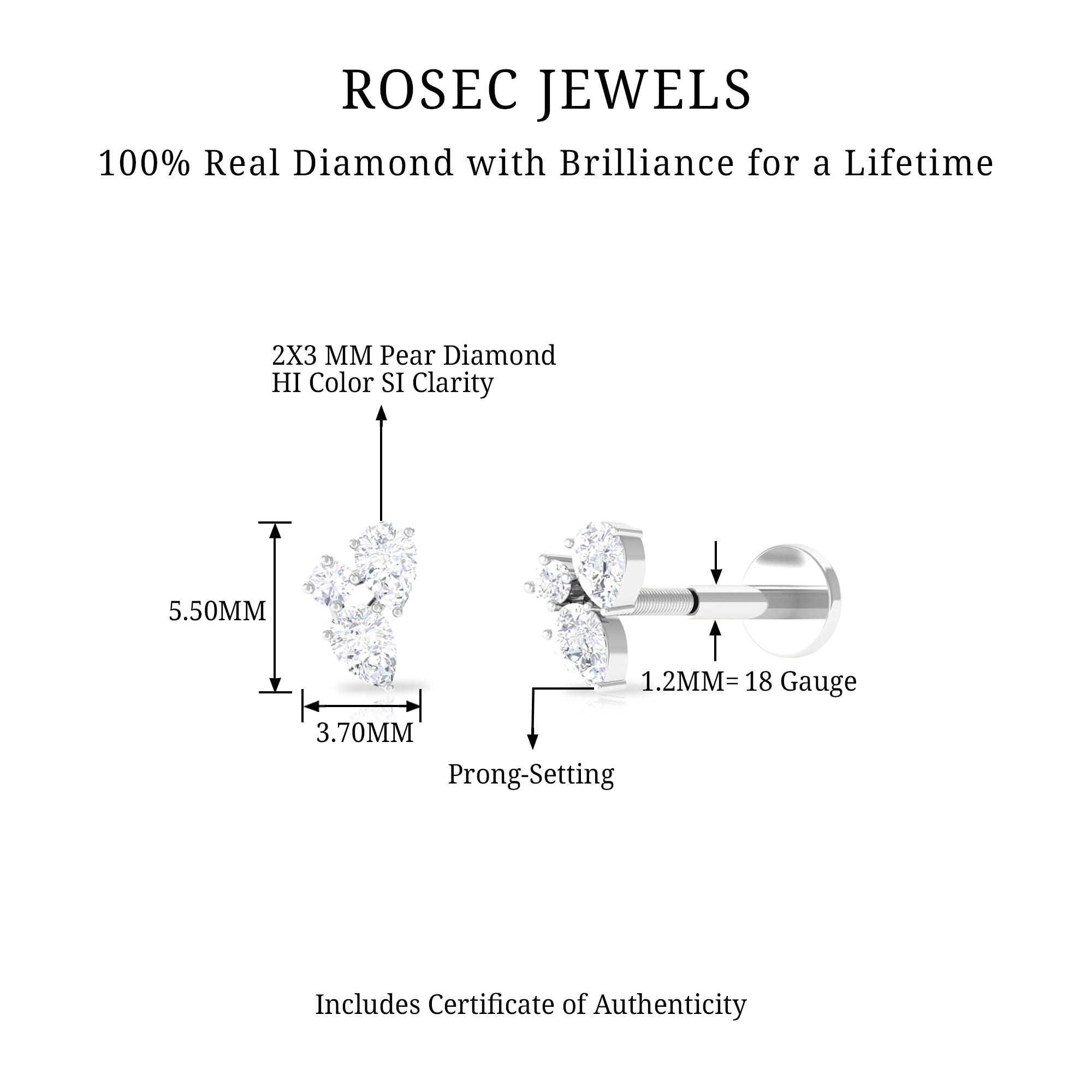 Natural Three Diamond Cluster Tragus Earring Natural - ( HI-SI ) - Rosec Jewels