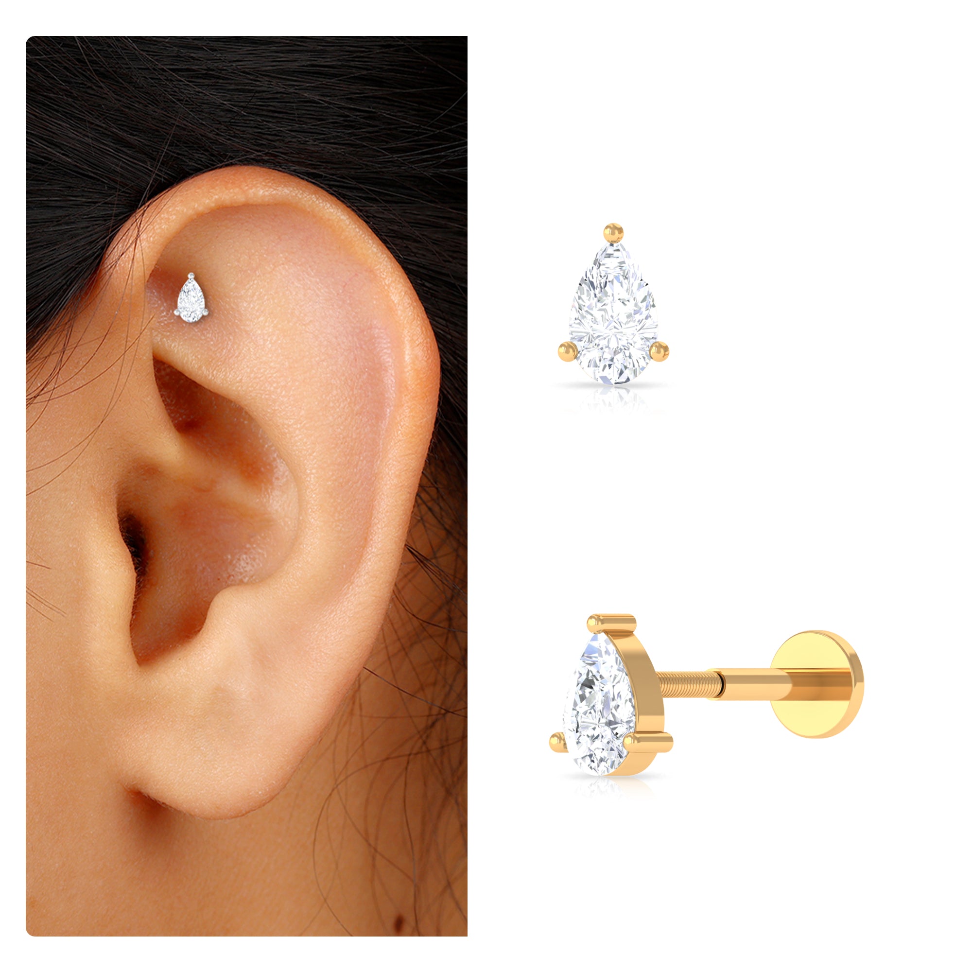 Solitaire Pear Shape Diamond Earring for Tragus Piercing Natural - ( HI-SI ) - Rosec Jewels