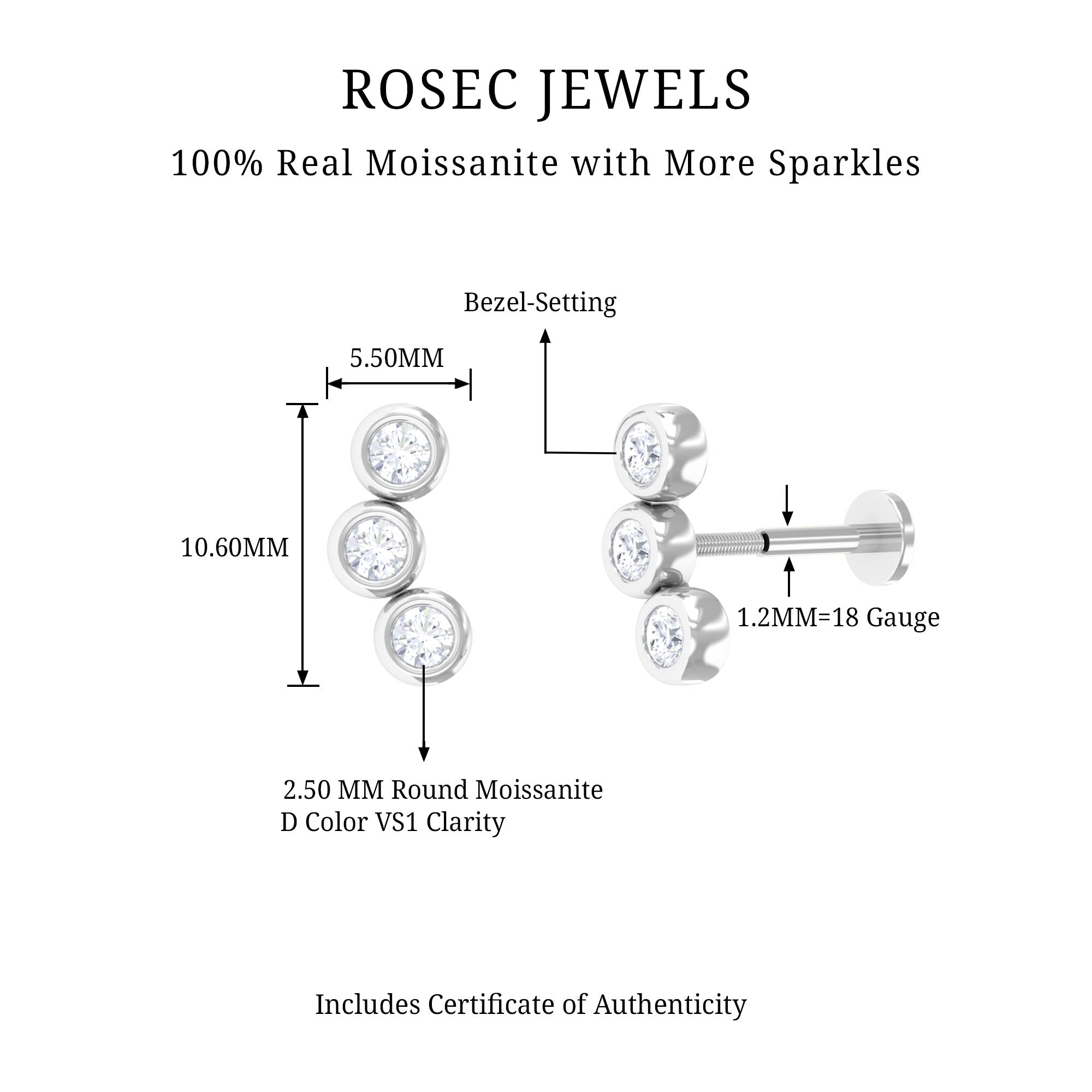 Three Diamond Curved Helix Earring in Bezel Setting Lab - ( EF-VS ) - Rosec Jewels