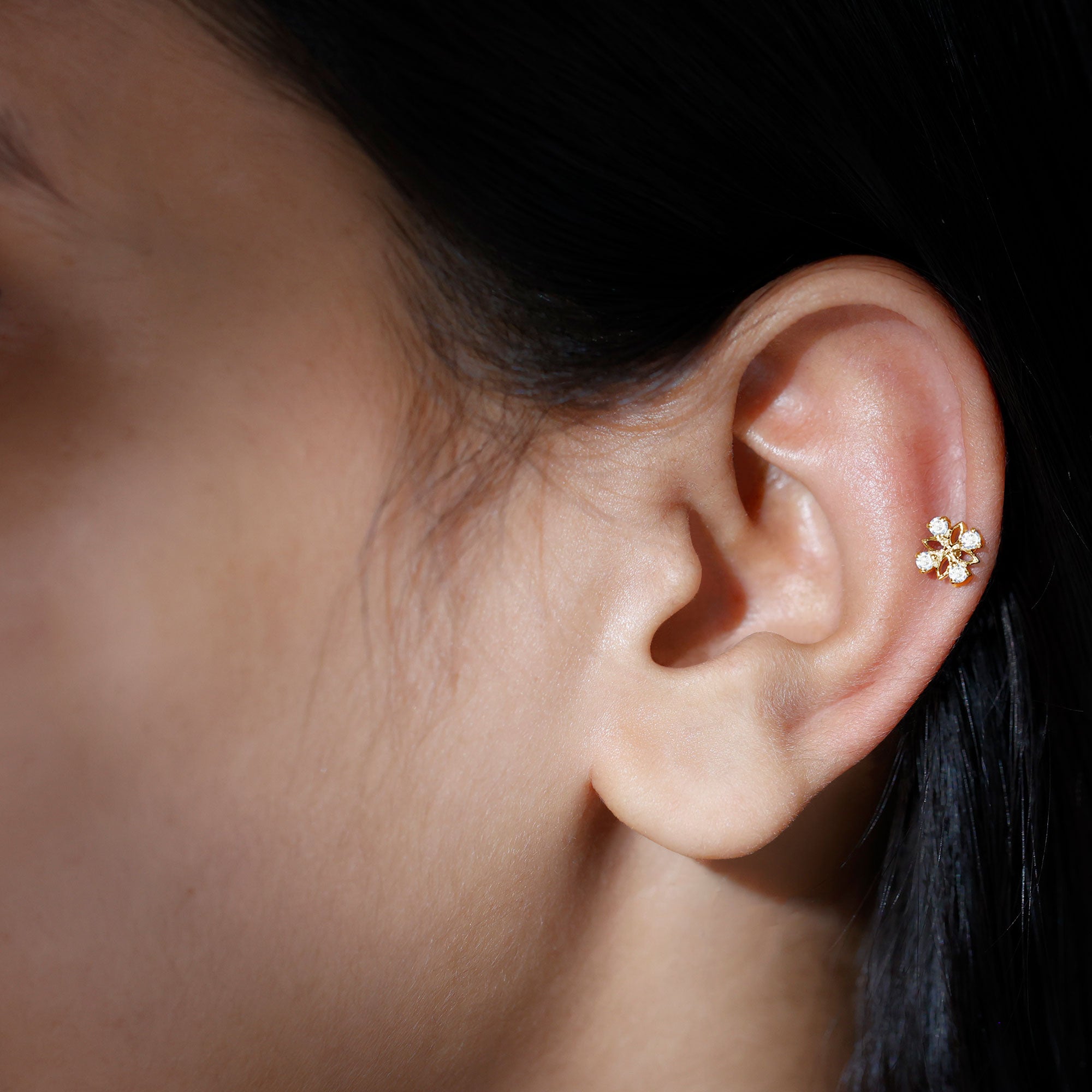 Nature Inspired Certified Diamond Flower Earring for Helix Piercing Lab - ( EF-VS ) - Rosec Jewels