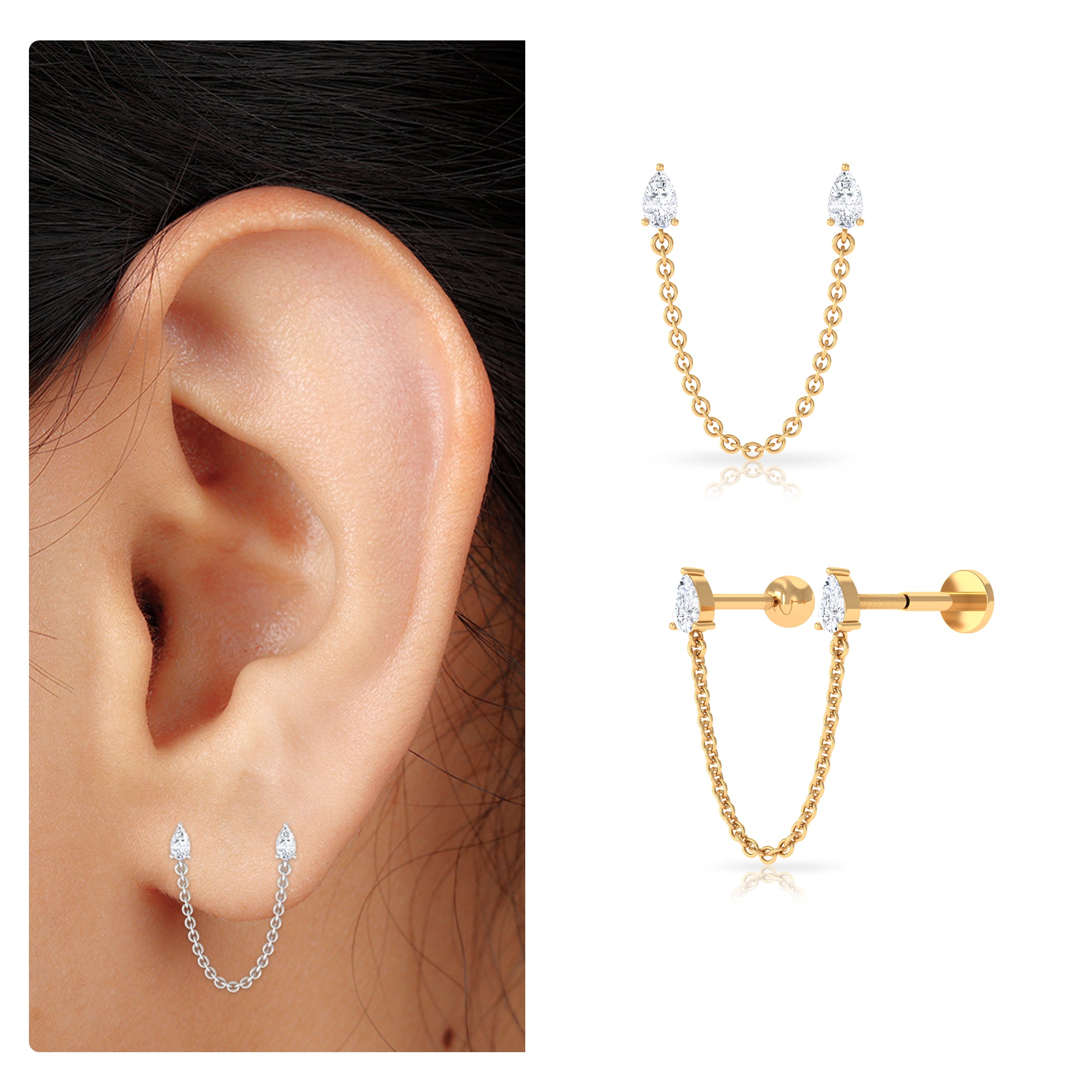 Pear Shape Diamond Chain Double Piercing Earring Lab - ( EF-VS ) - Rosec Jewels