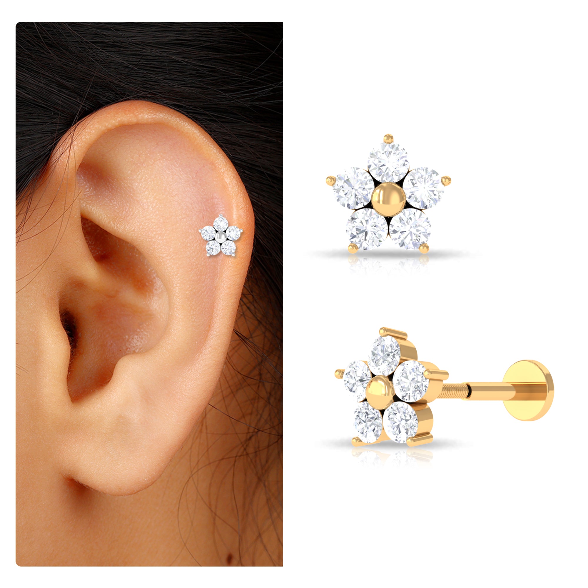 Nature Inspired Diamond Flower Earring for Tragus Piercing Lab - ( EF-VS ) - Rosec Jewels