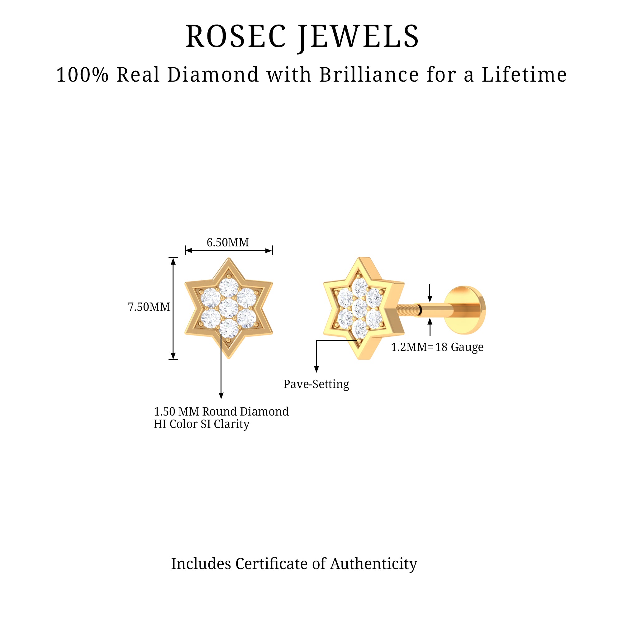 Rosec Jewels-Certified Diamond Star Earring for Helix Piercing
