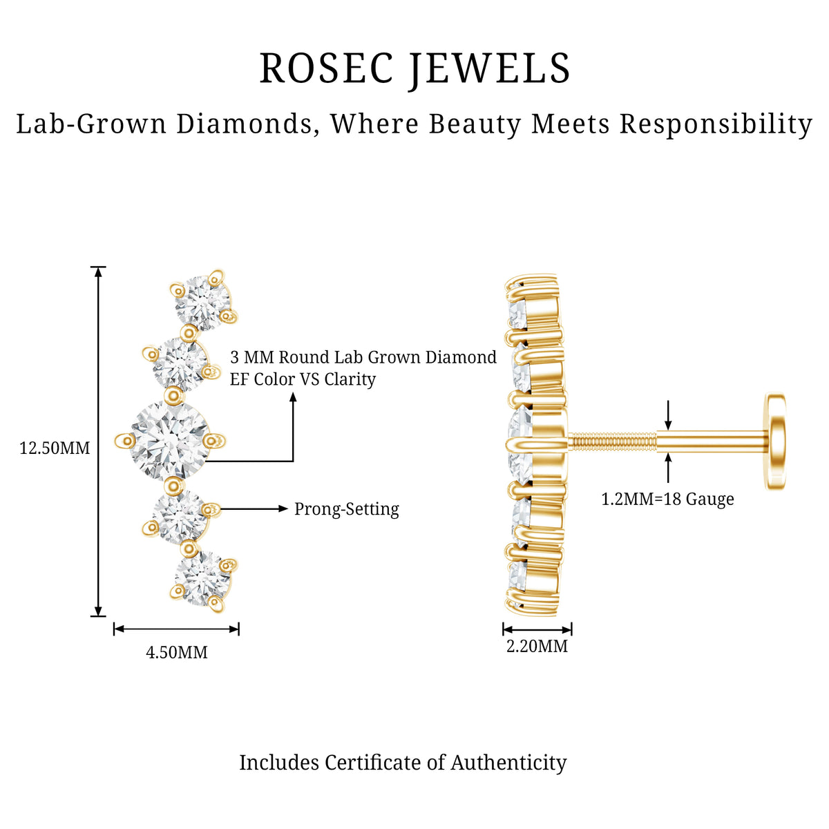 Graduated Style Diamond Crawler Earring for Women Lab - ( EF-VS ) - Rosec Jewels