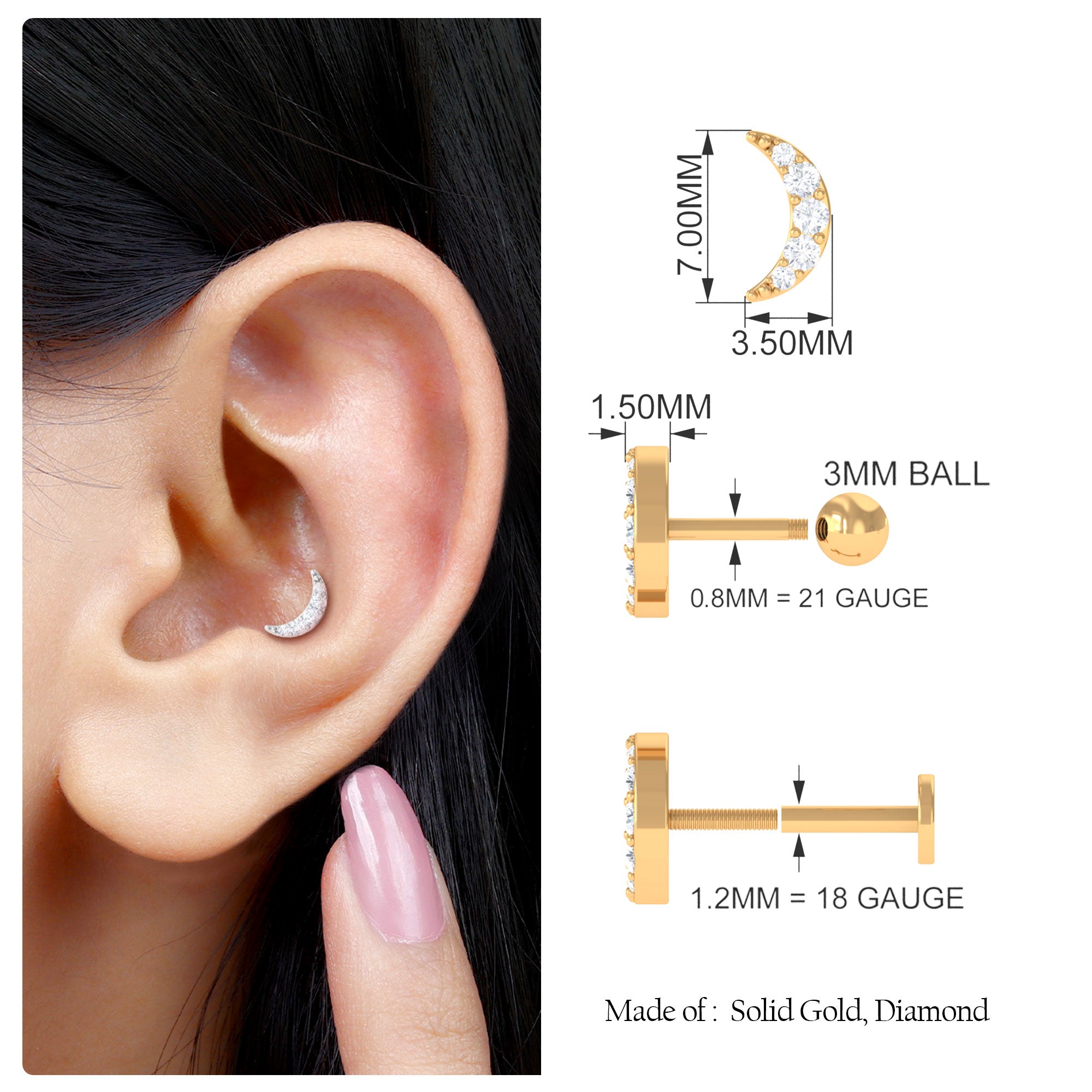 Natural Diamond Moon Earring for Cartilage Piercing Natural - ( HI-SI ) - Rosec Jewels