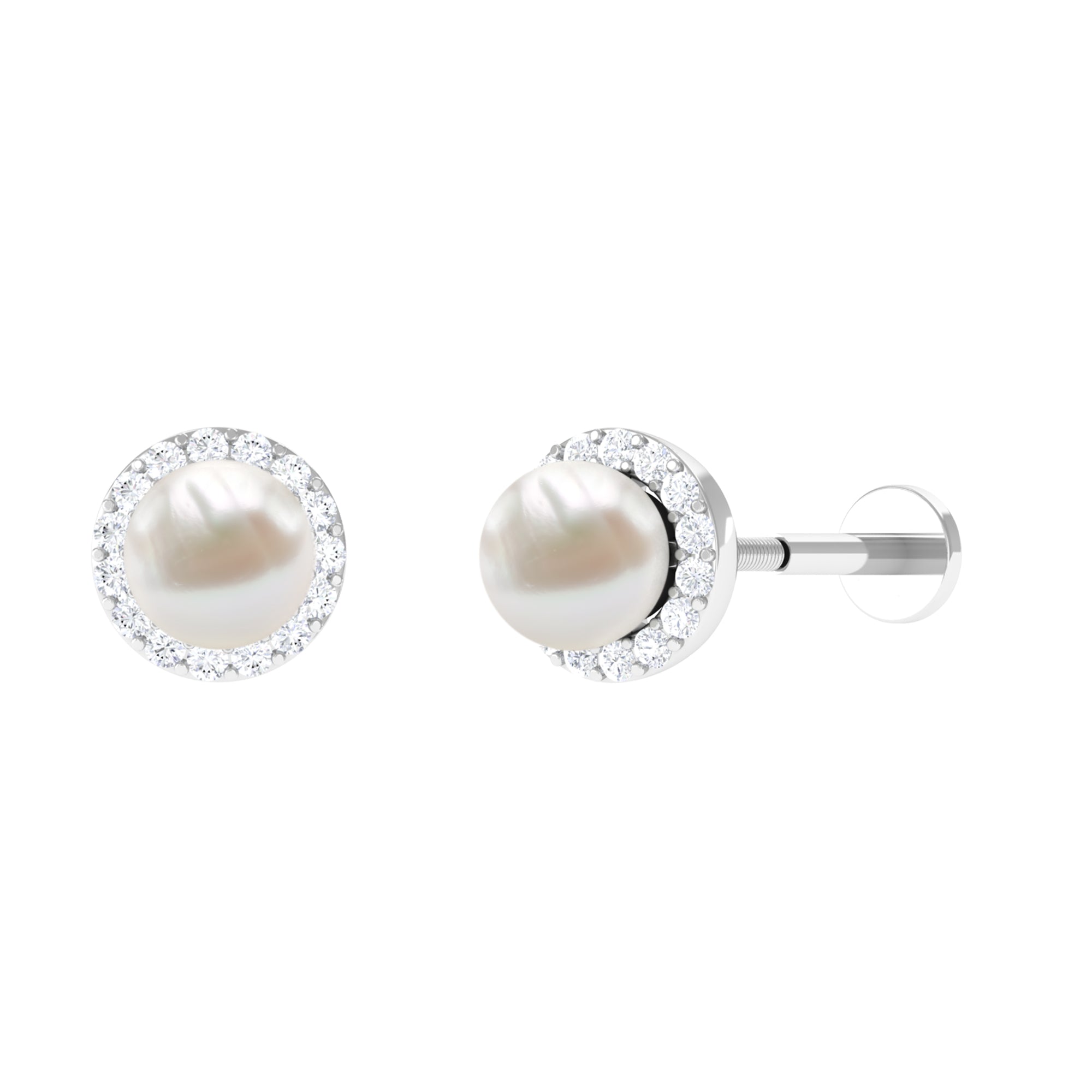 Round Freshwater Pearl and Moissanite Halo Cartilage Earring Freshwater Pearl - ( AAA ) - Quality - Rosec Jewels