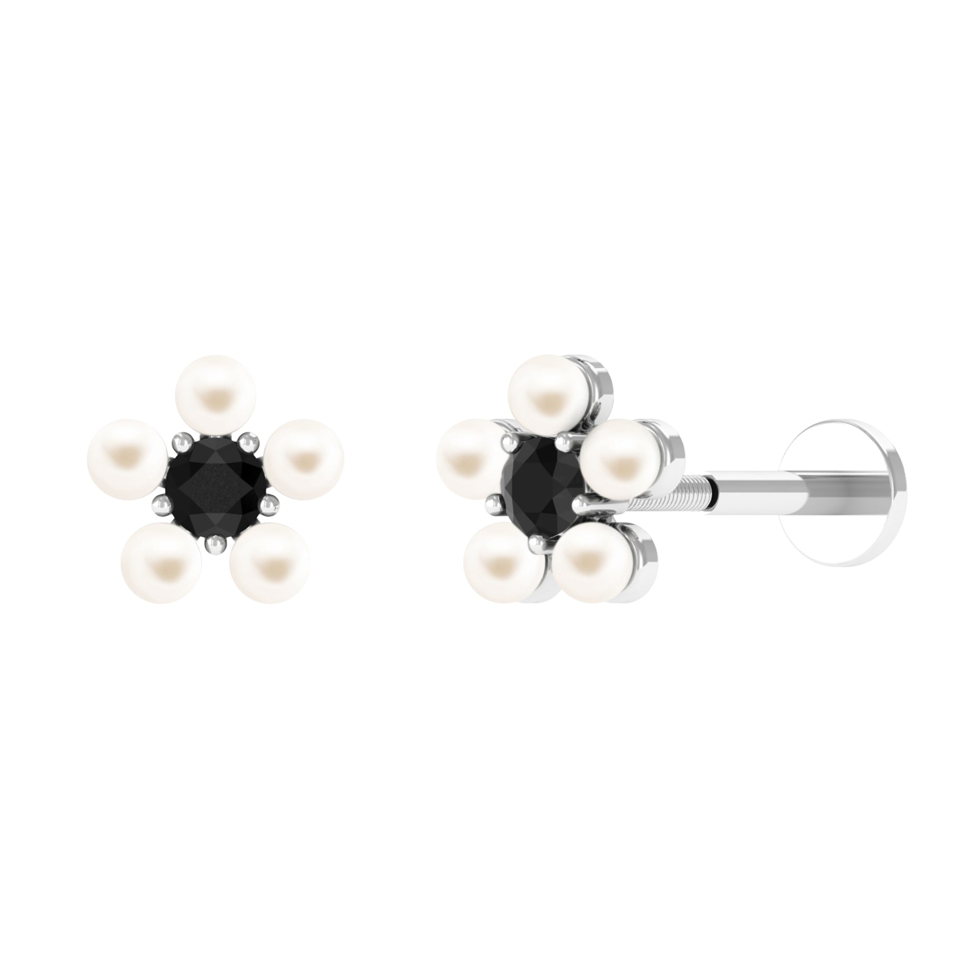 Real Freshwater Pearl and Black Diamond Floral Earring Black Diamond - ( AAA ) - Quality - Rosec Jewels