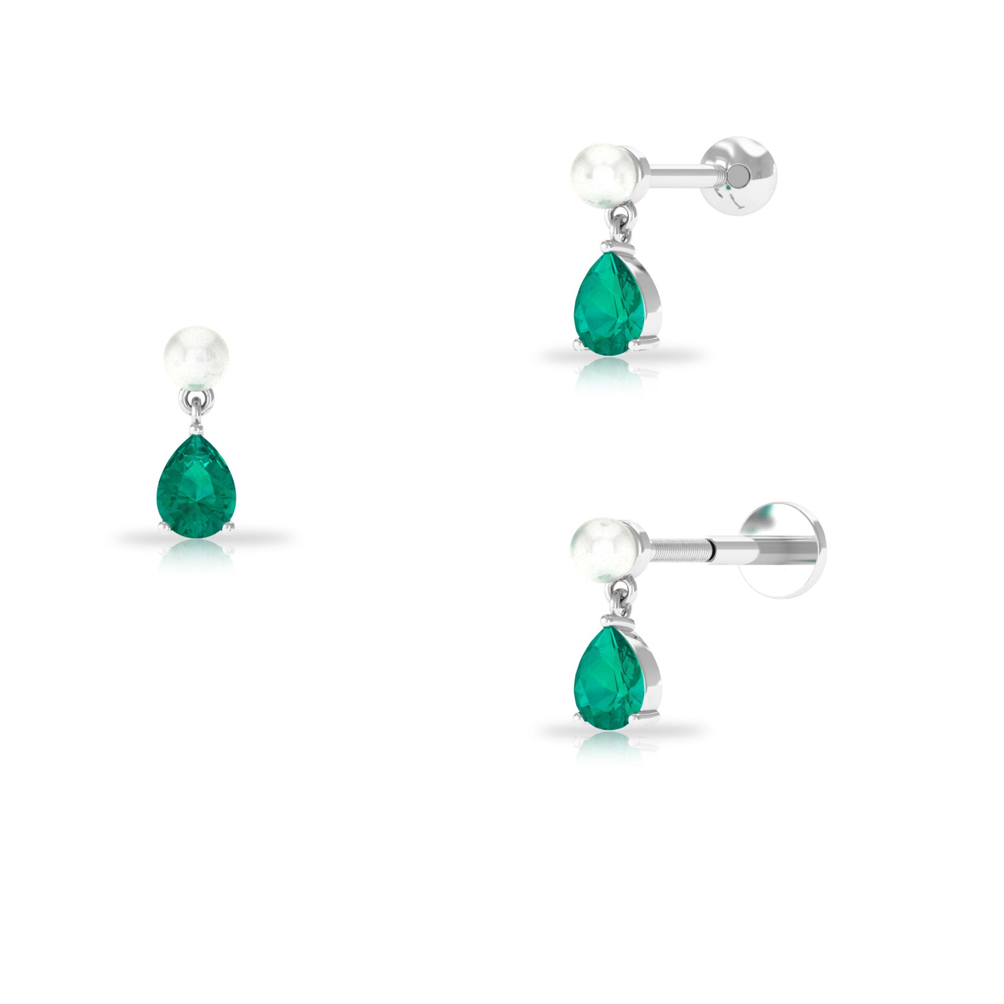 Freshwater Pearl and Emerald Dangly Earring for Helix Piercing Emerald - ( AAA ) - Quality - Rosec Jewels