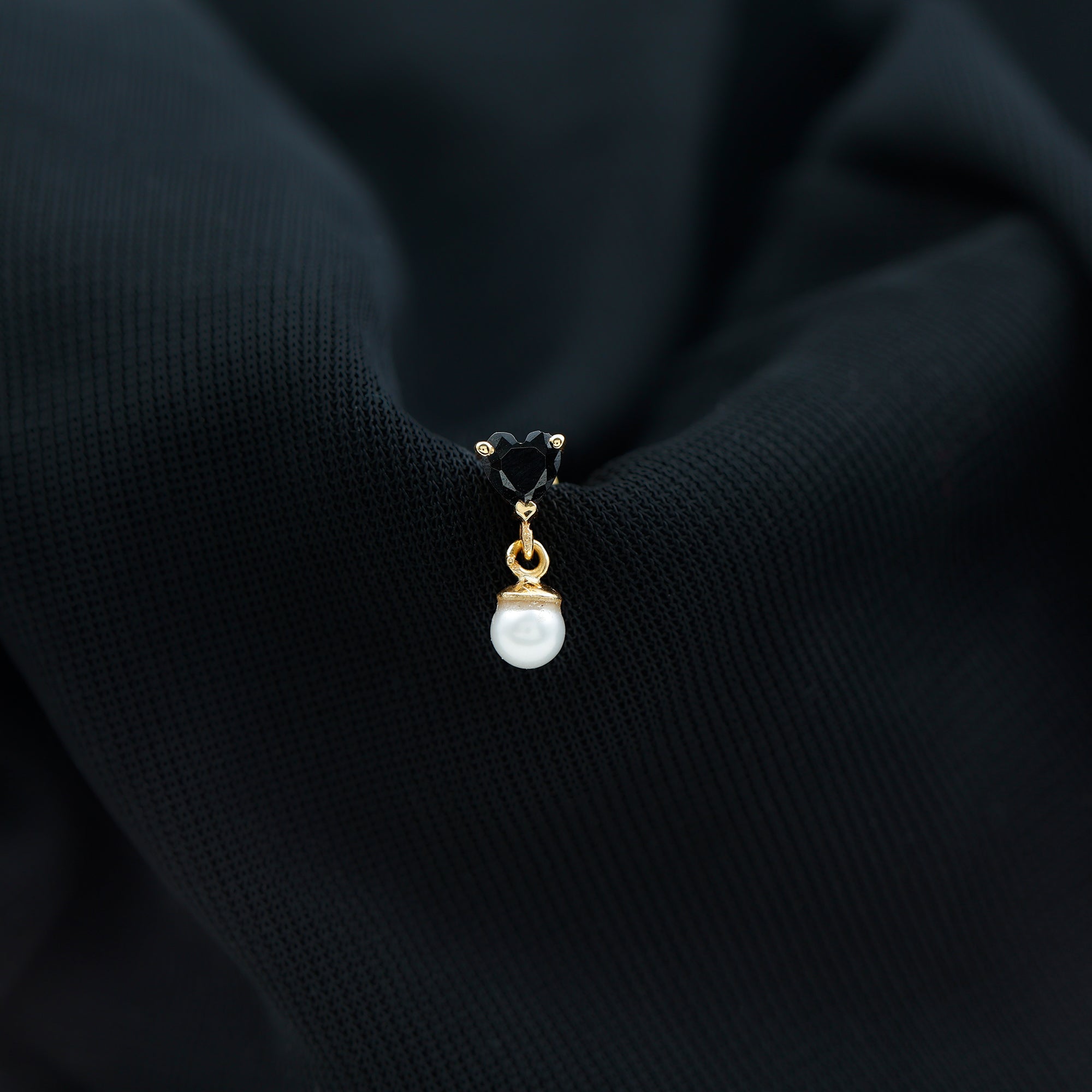 Real Black Onyx Heart Helix Drop Earring with Freshwater Pearl Black Onyx - ( AAA ) - Quality - Rosec Jewels
