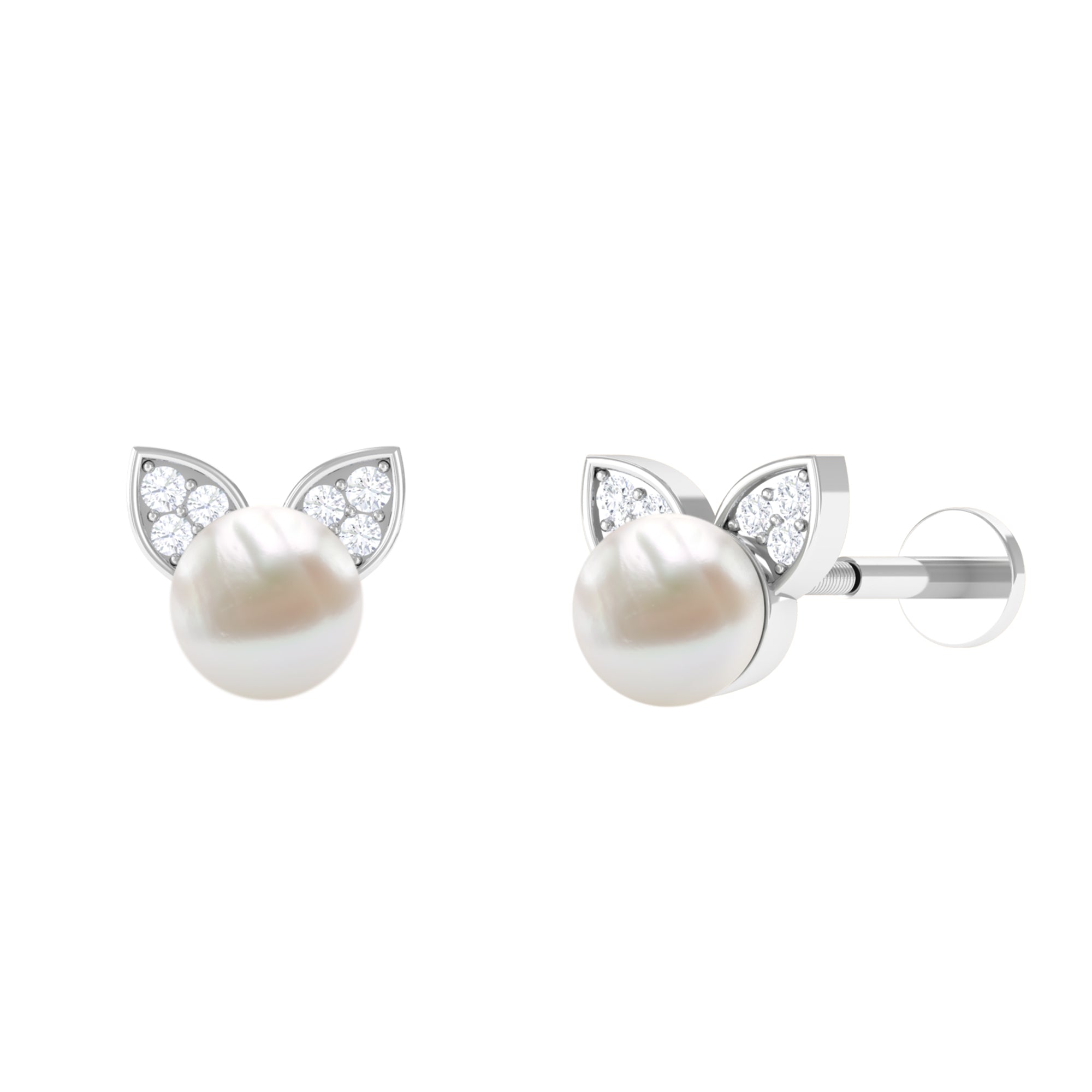 Cute Freshwater Pearl and Moissanite Cat Cartilage Earring Freshwater Pearl - ( AAA ) - Quality - Rosec Jewels