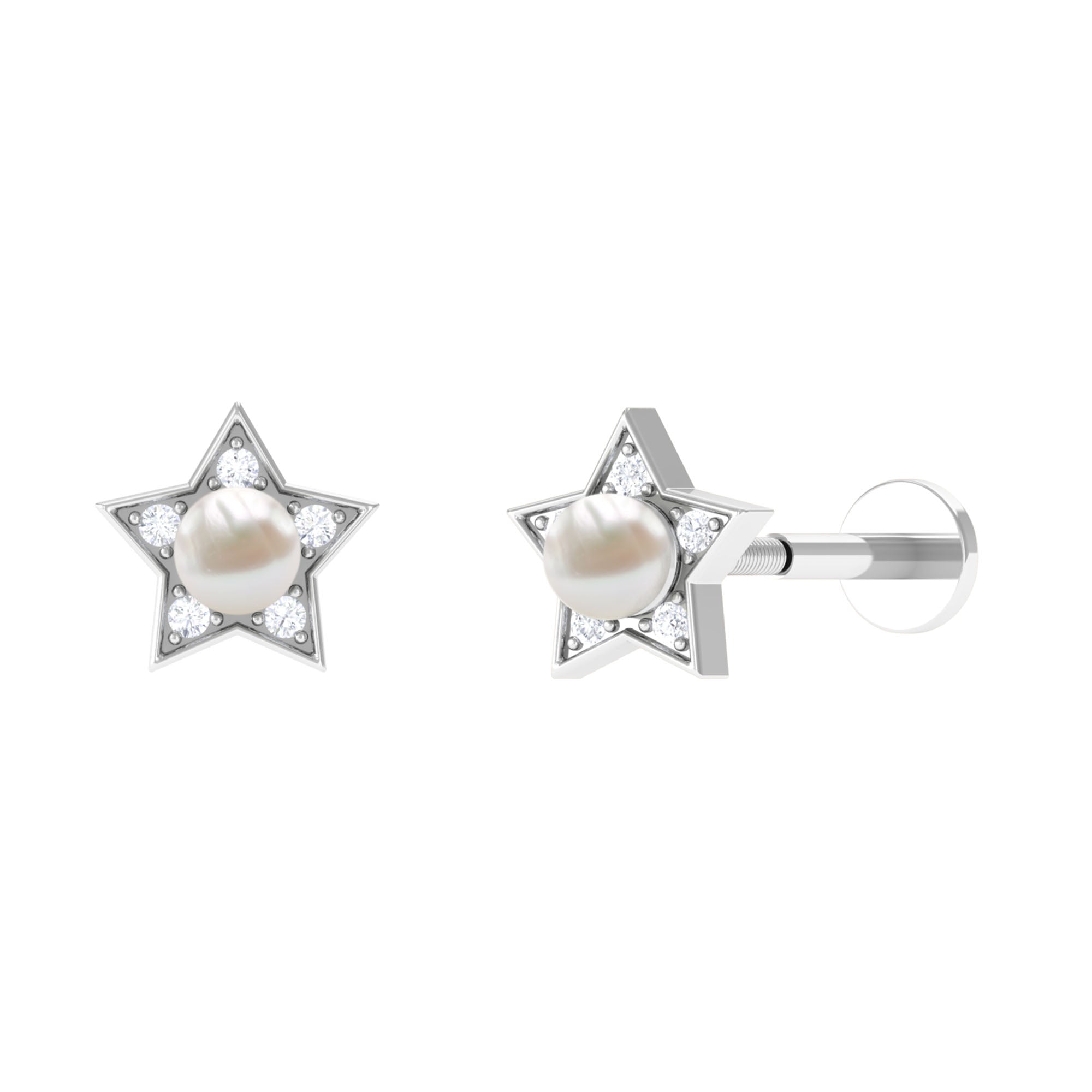 Unique Freshwater Pearl Star Helix Earring with Diamond Freshwater Pearl - ( AAA ) - Quality - Rosec Jewels