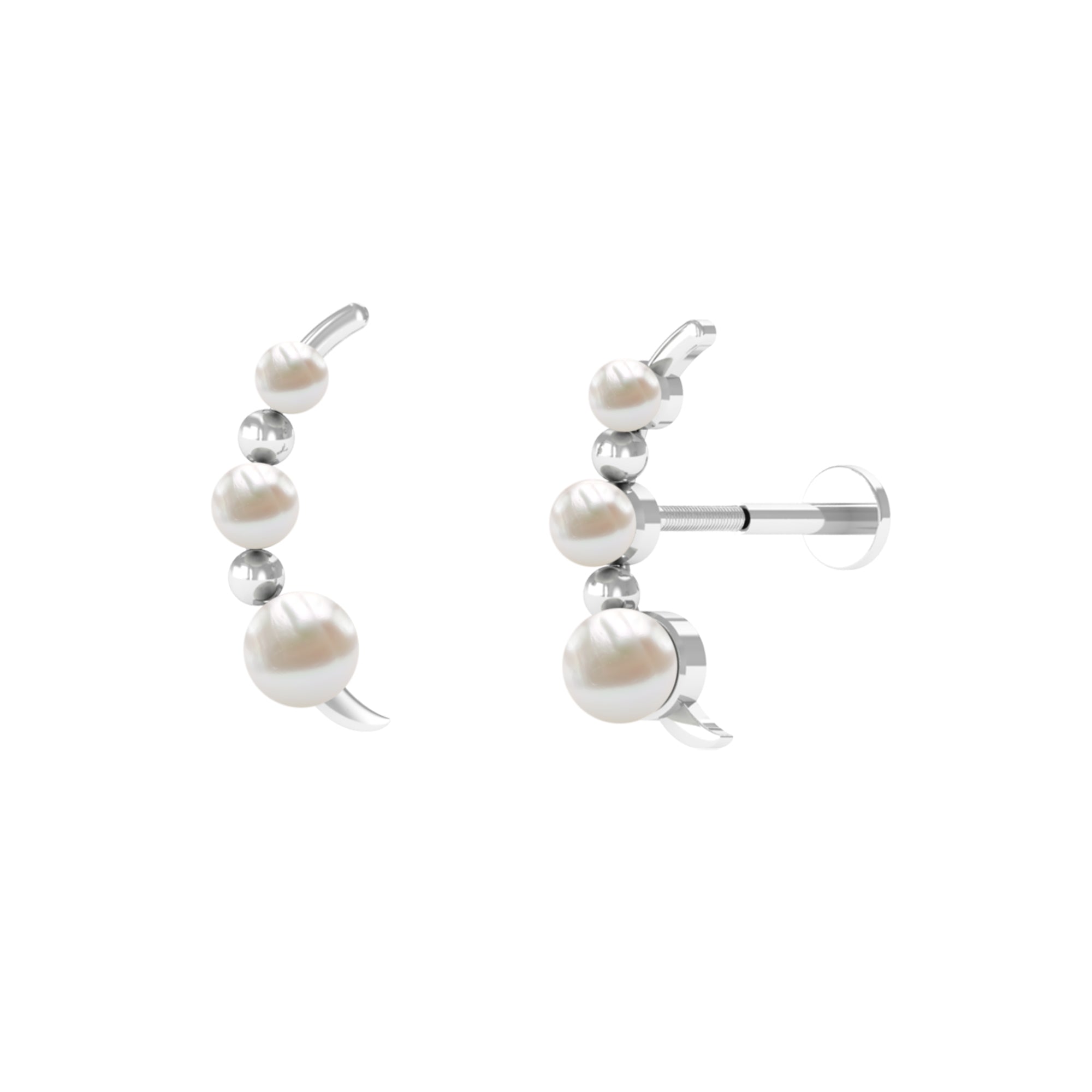 Round Freshwater Pearl Gold Beaded Ear Crawler Earring Freshwater Pearl - ( AAA ) - Quality - Rosec Jewels