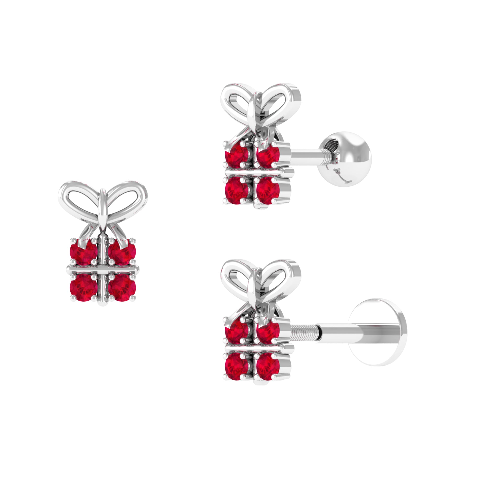 Cute Lab Created Ruby Gift Box and Bow Cartilage Earring Lab Created Ruby - ( AAAA ) - Quality - Rosec Jewels