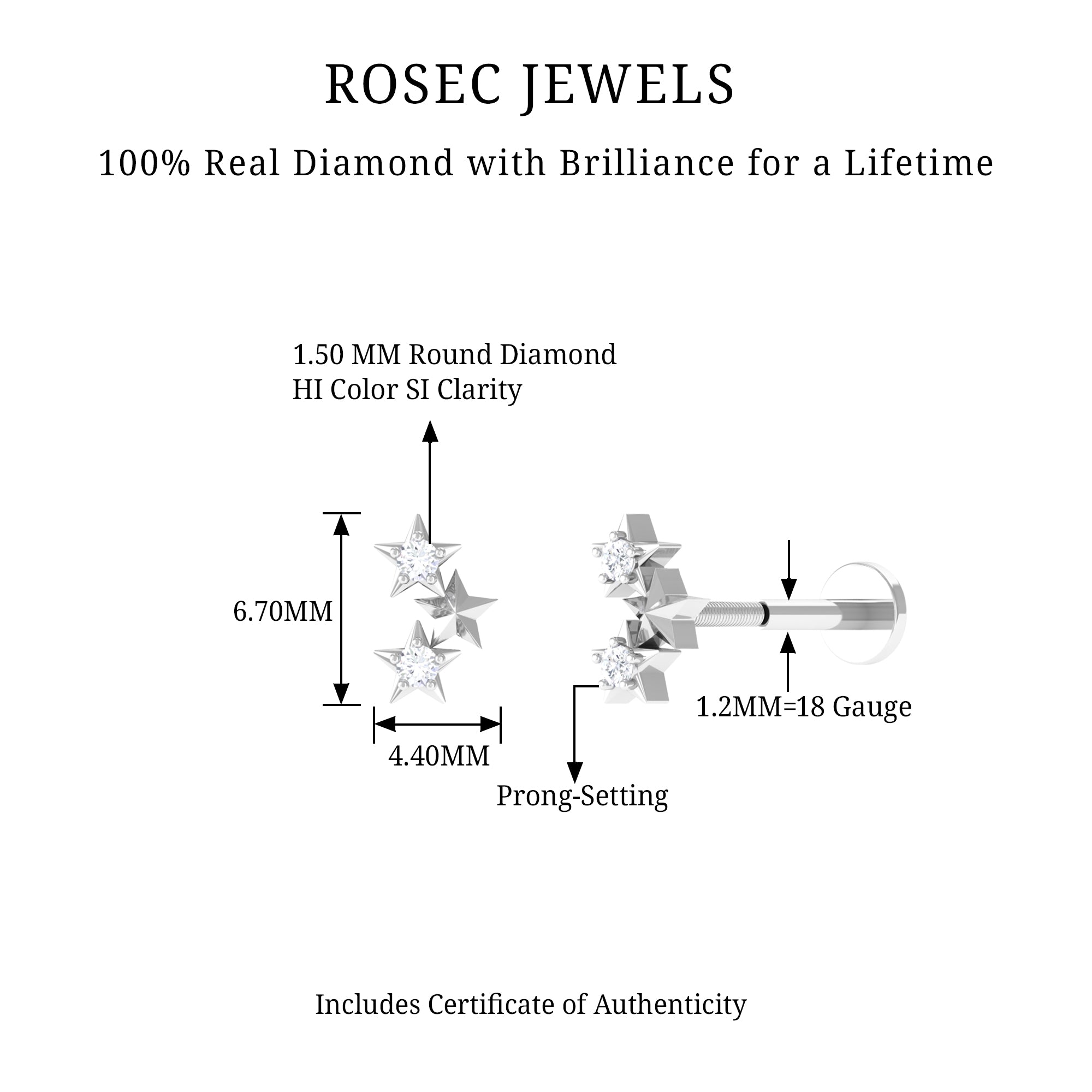 Genuine Round Diamond Three Star Cartilage Earring Natural - ( HI-SI ) - Rosec Jewels
